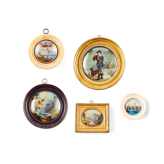 FIVE REVERSE PAINTED CONVEX GLASS PICTURES