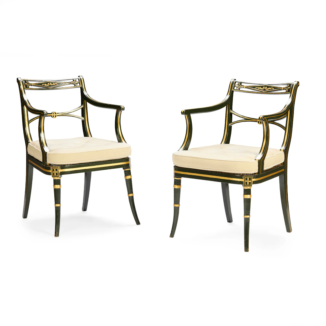 PAIR OF REGENCY PAINTED AND GILT ARMCHAIRS