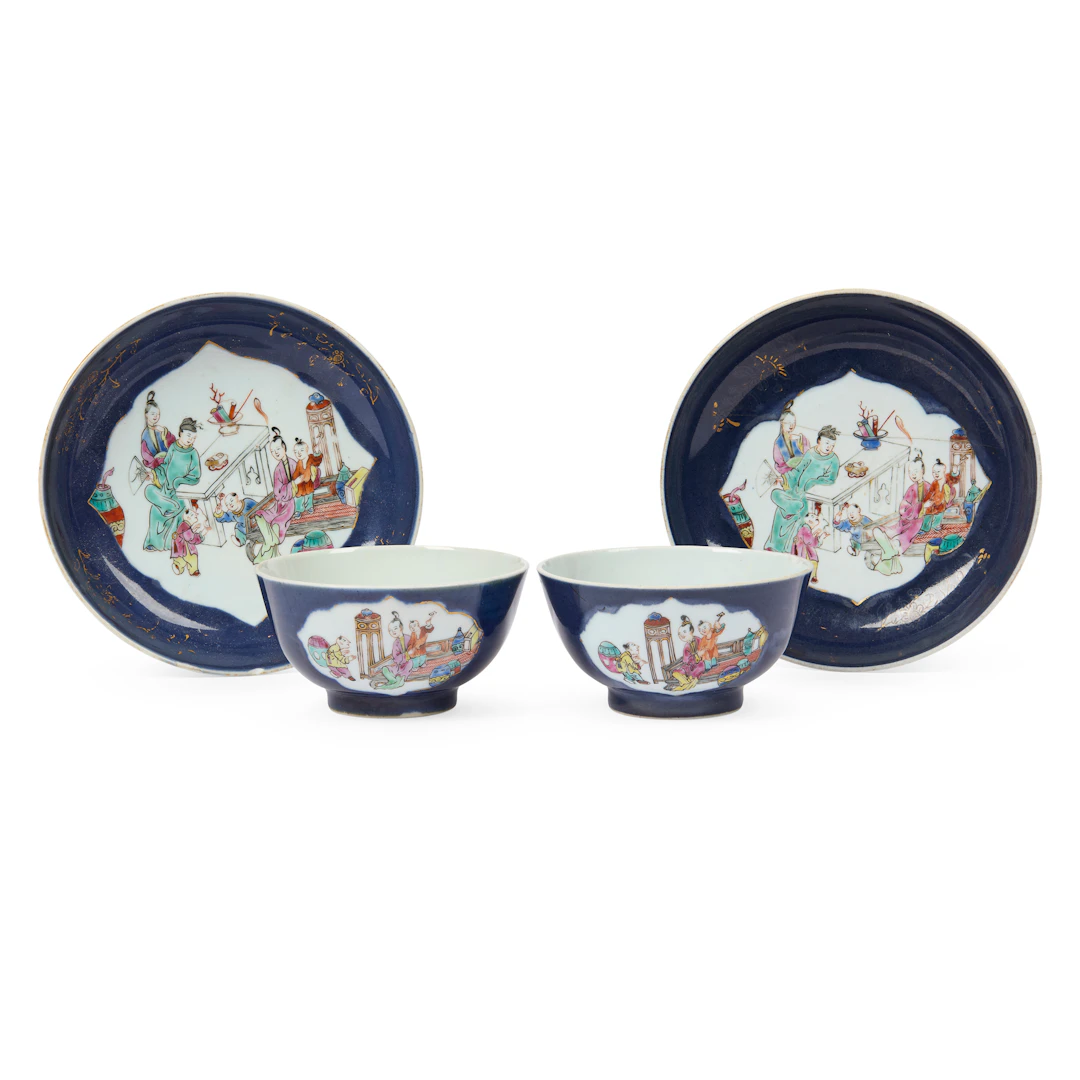 [DRINKING CULTURE] TWO SETS OF CHINESE POWDER-BLUE-GROUND FAMILLE