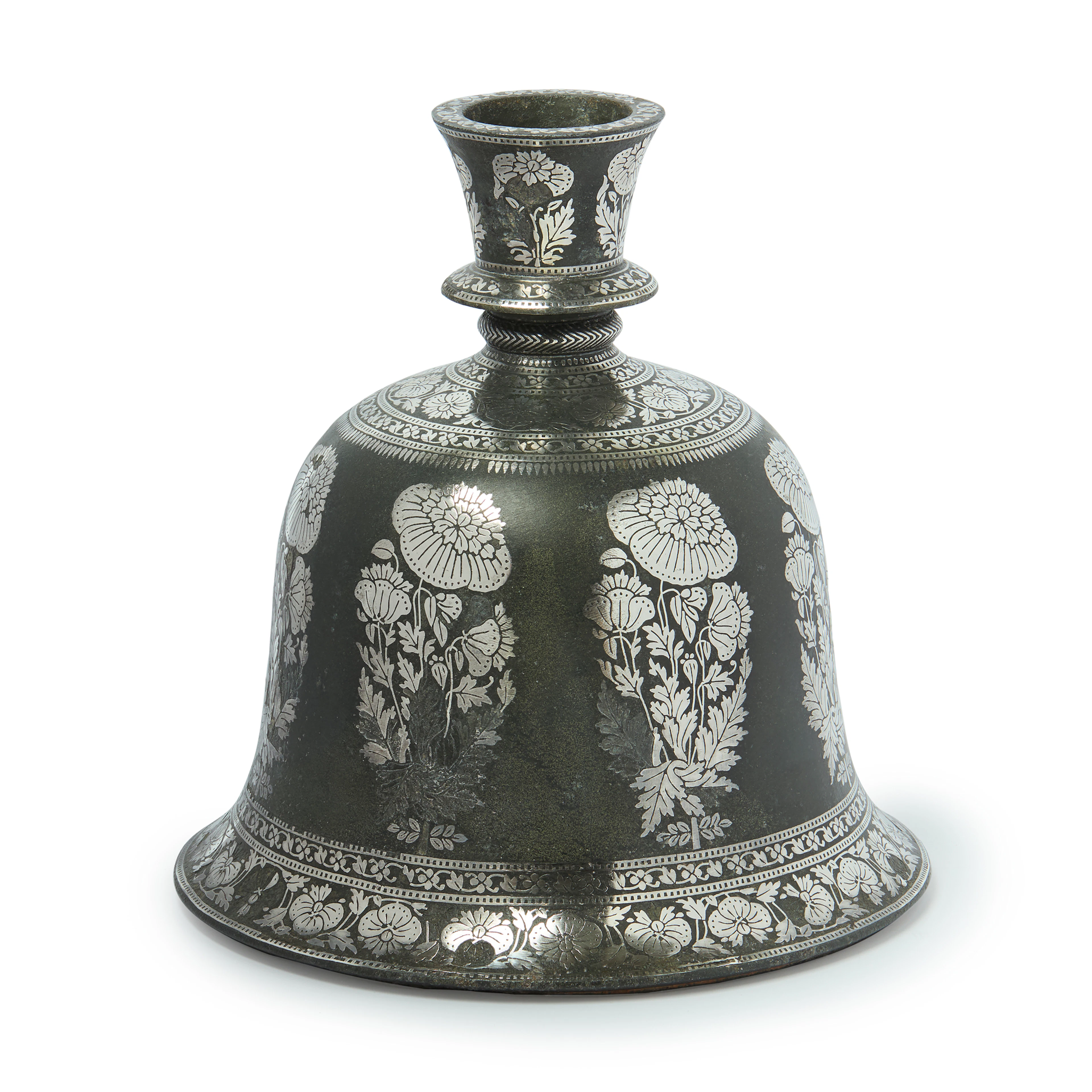 A STRIKING BIDRI SILVER INLAID HOOKAH BASE WITH POPPY SPRAYS