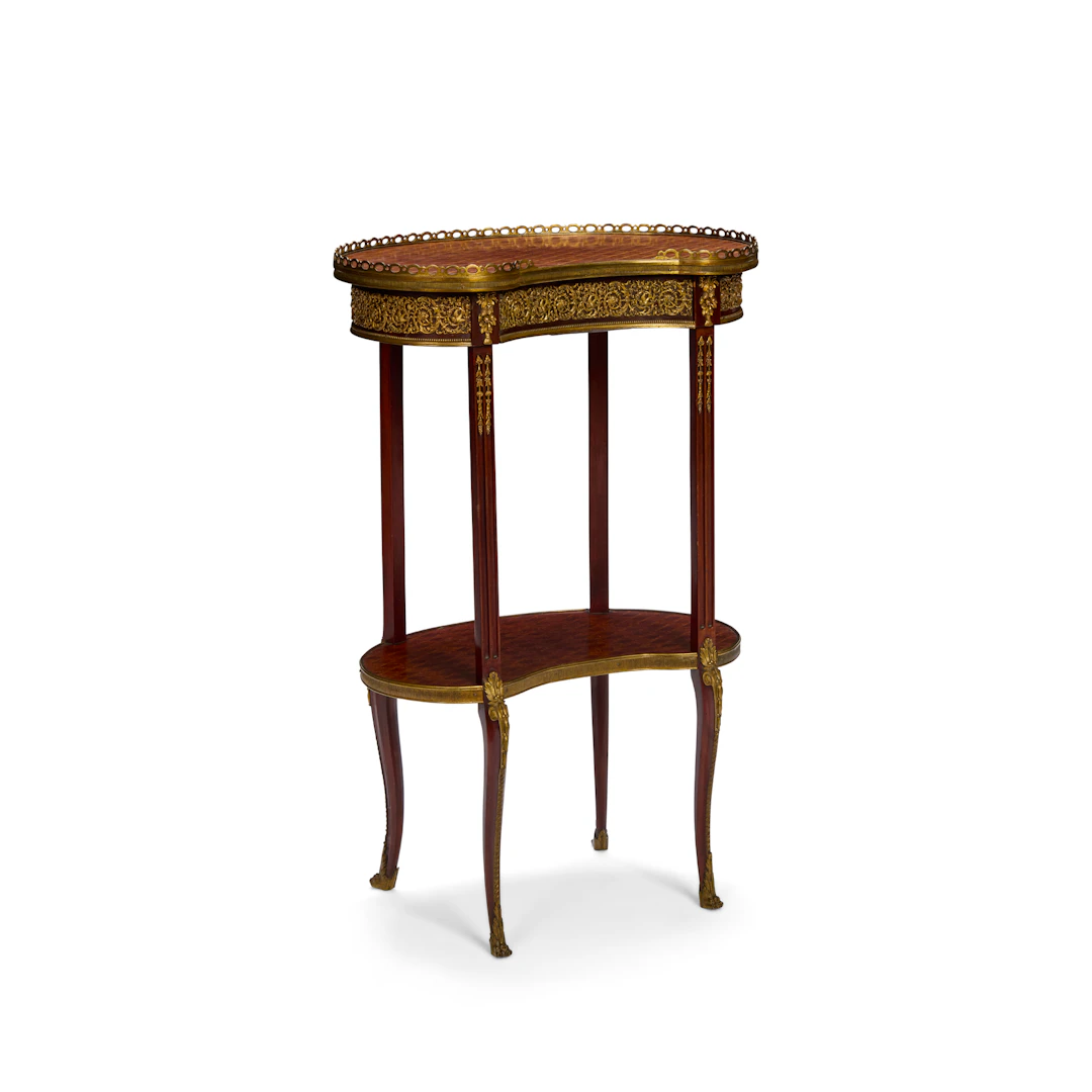 LOUIS XVI STYLE KINGWOOD, MAHOGANY AND PARQUETRY GILT MOUNTED OCCASIONAL TABLE