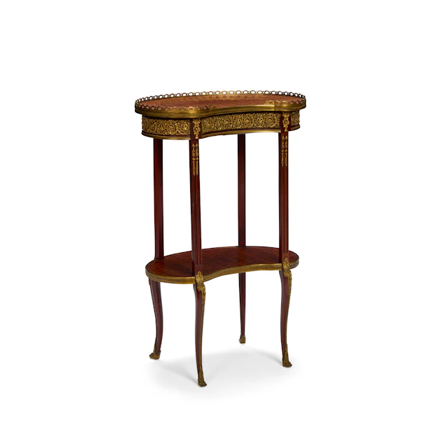 LOUIS XVI STYLE KINGWOOD, MAHOGANY AND PARQUETRY GILT MOUNTED OCCASIONAL TABLE