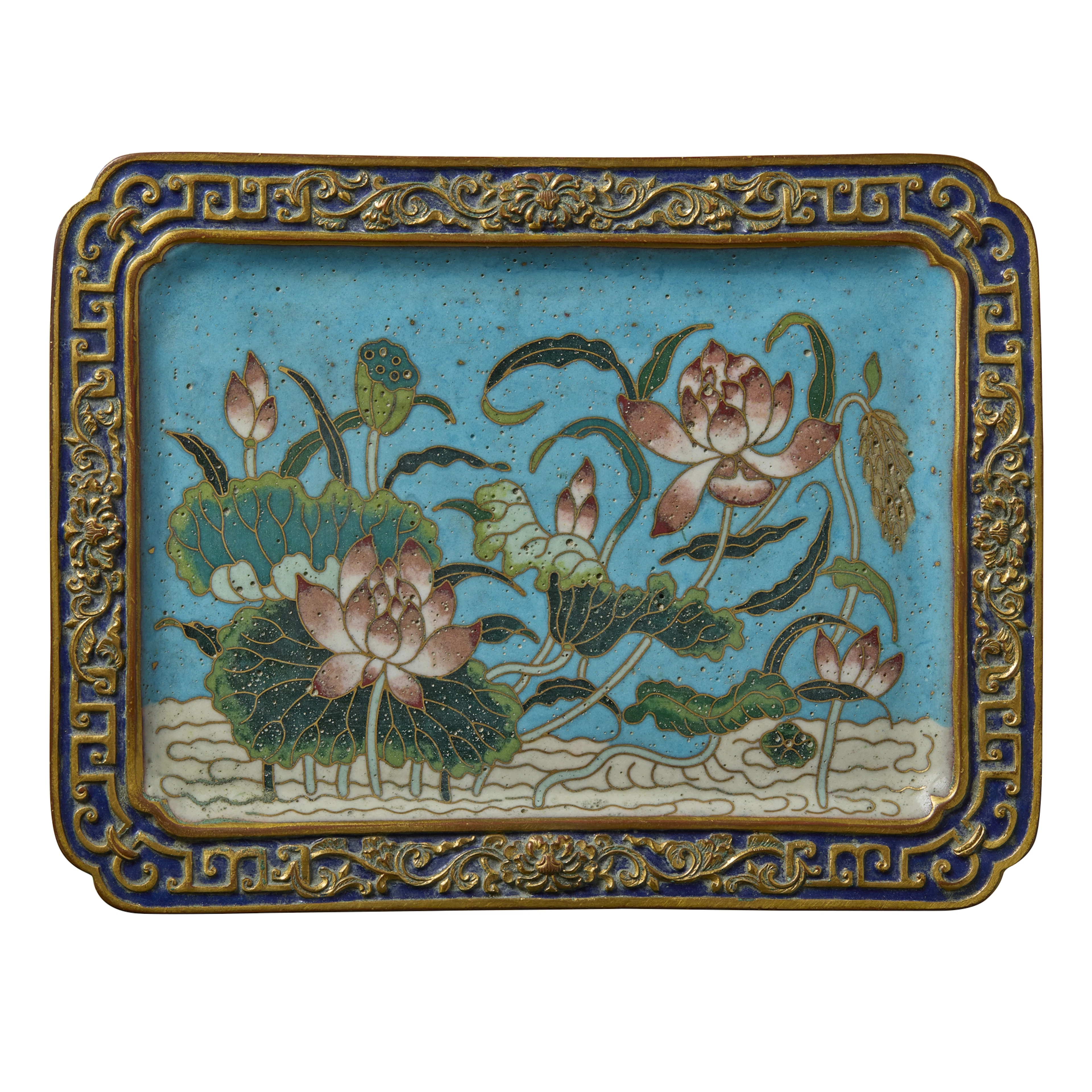 CHINESE CLOISONNÉ ENAMEL 'LOTUS POND' RECTANGULAR TRAY