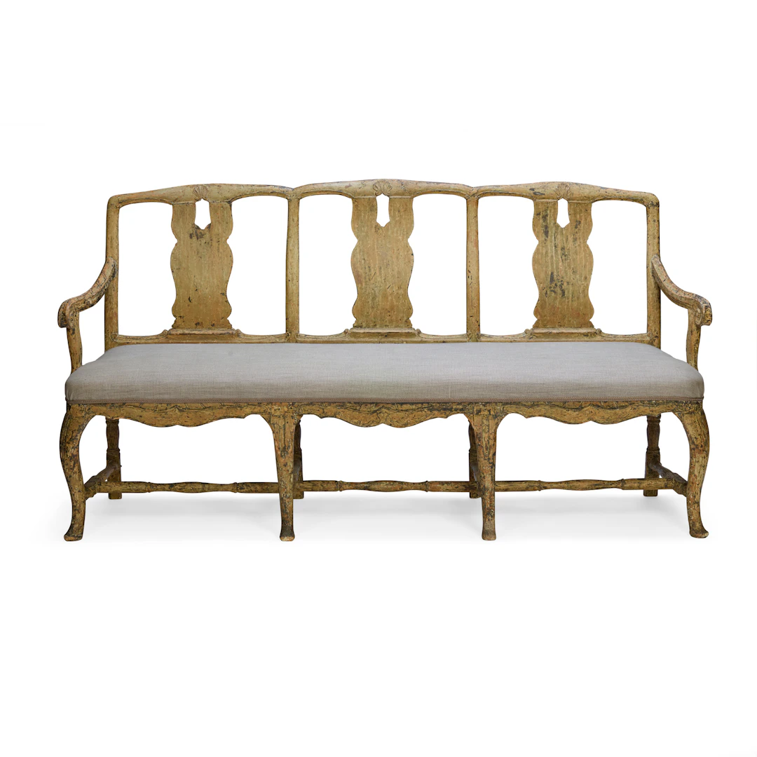SWEDISH GUSTAVIAN GREY PAINTED TRIPLE CHAIR BACK SETTEE