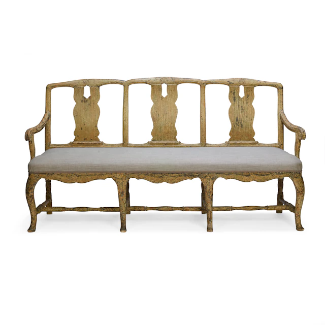 SWEDISH GUSTAVIAN GREY PAINTED TRIPLE CHAIR BACK SETTEE