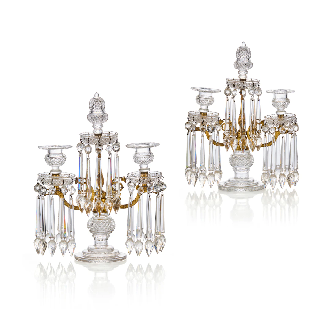 PAIR OF REGENCY GILT BRONZE AND CUT GLASS TABLE CANDELABRA LUSTRES