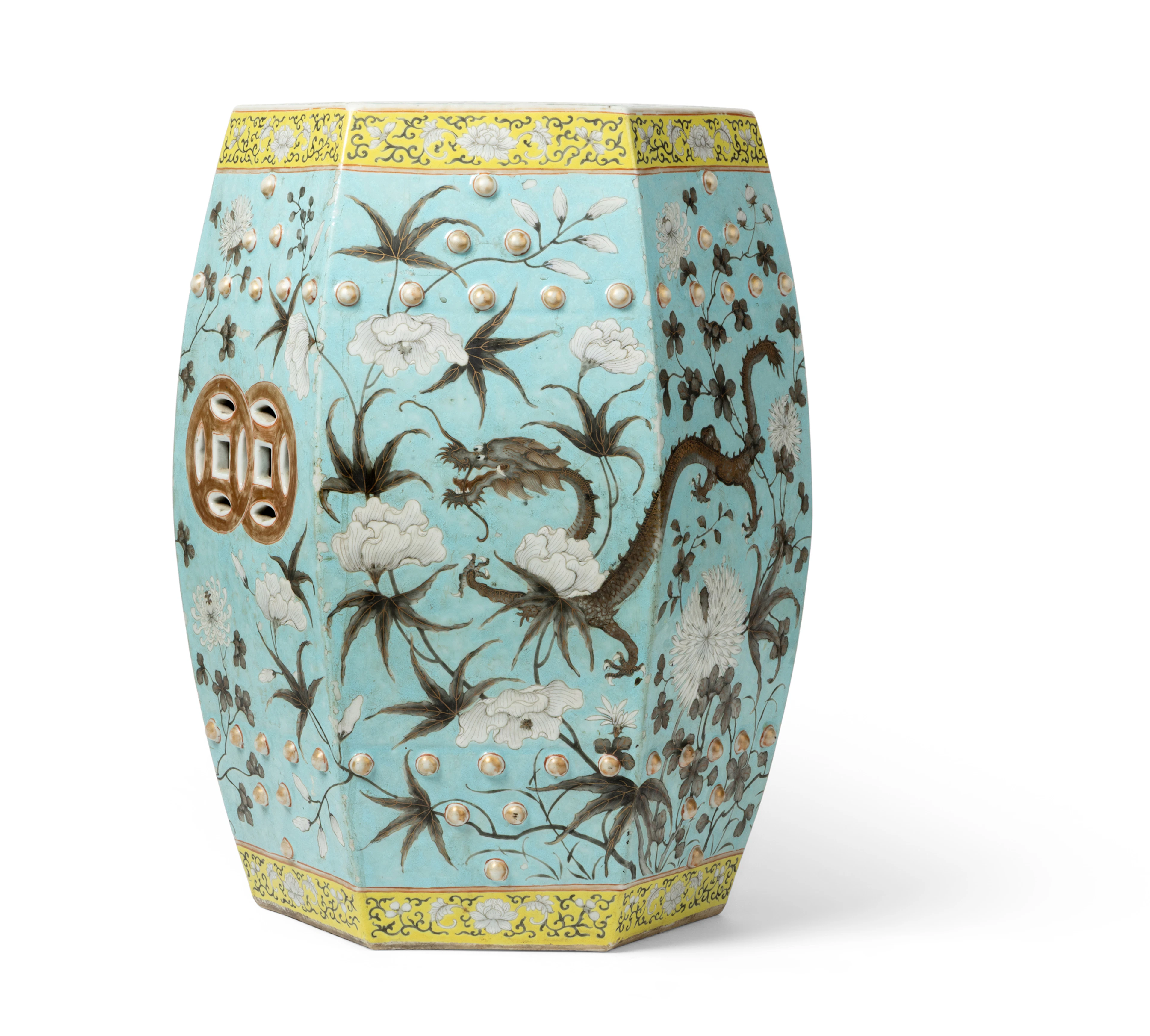 CHINESE TURQUOISE-GROUND GRISAILLE-DECORATED 'DRAGON' GARDEN SEAT