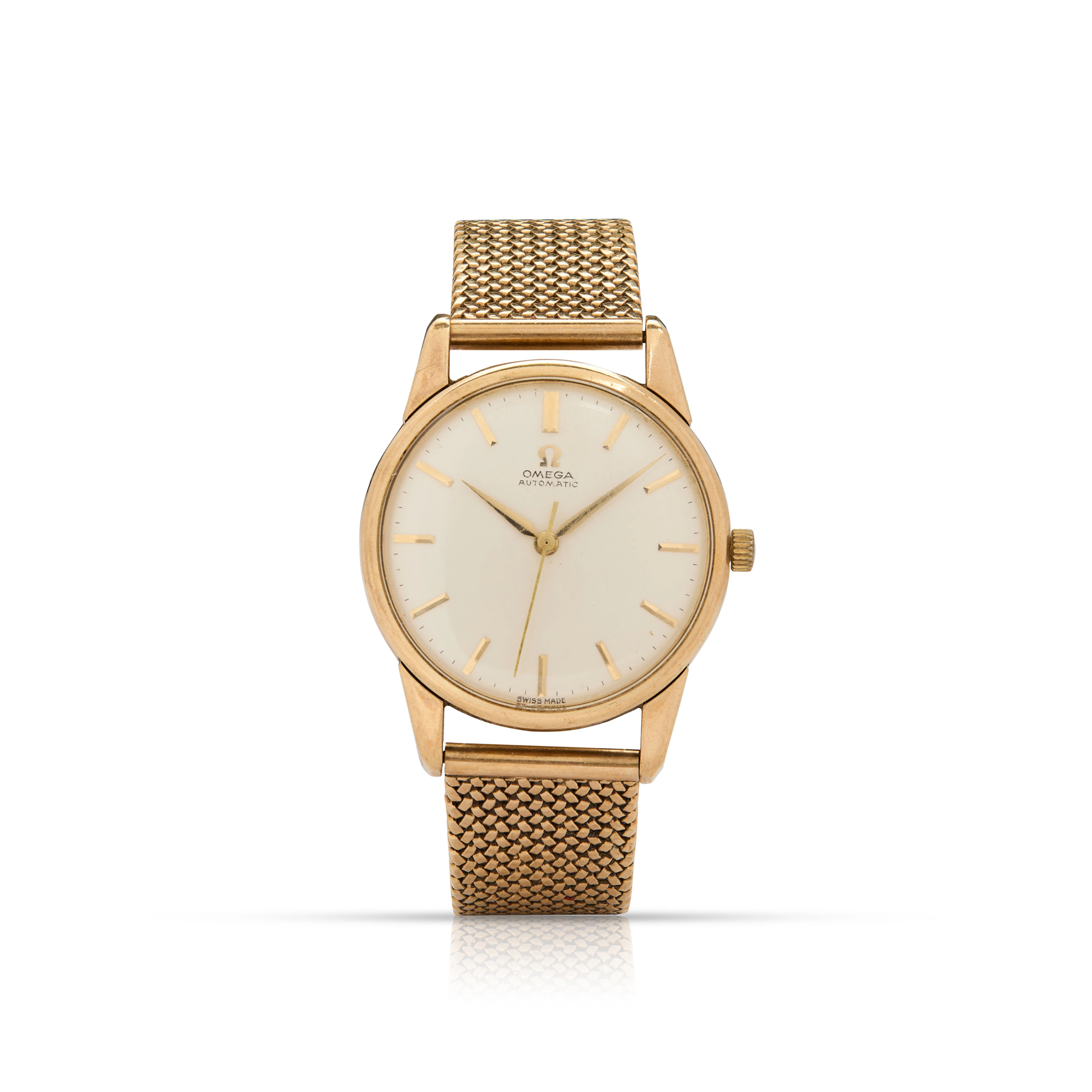 Omega. A 9k gold automatic wristwatch on an associated 9k gold bracelet
