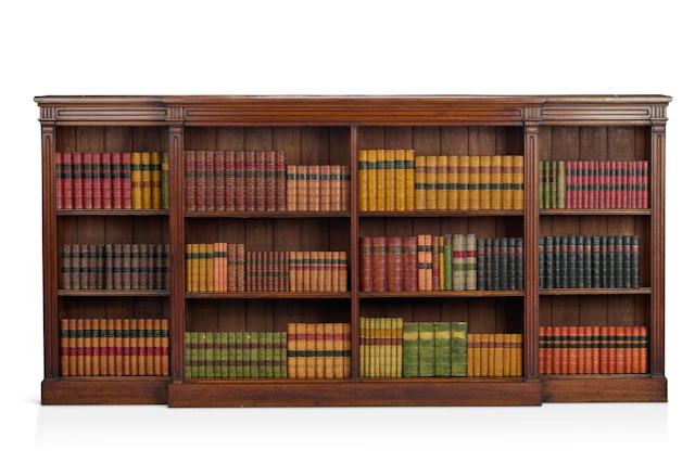 EDWARDIAN LARGE MAHOGANY OPEN BREAKFRONT BOOKCASE