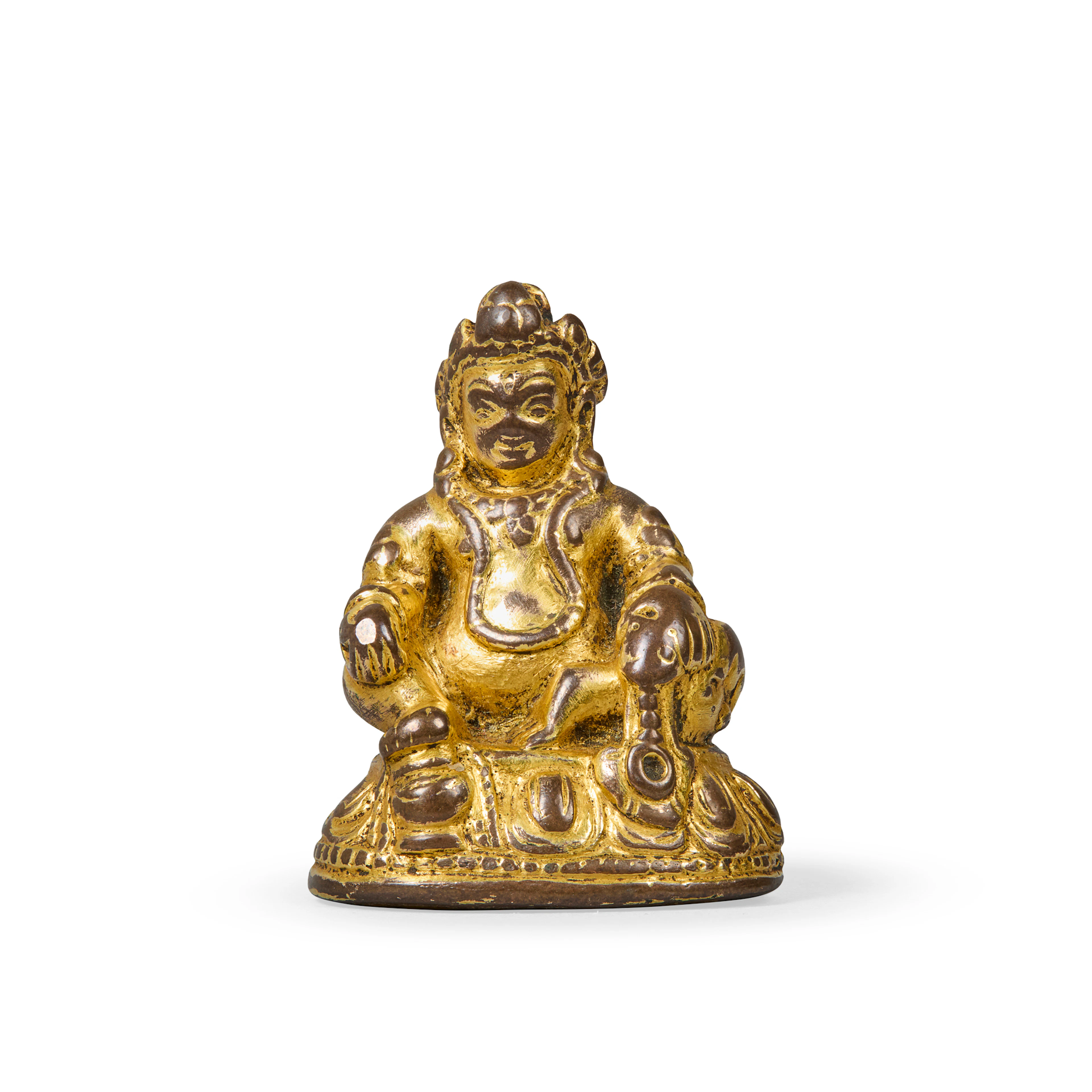 MINIATURE TIBETAN GILT-BROZNE FIGURE OF JAMBHALA