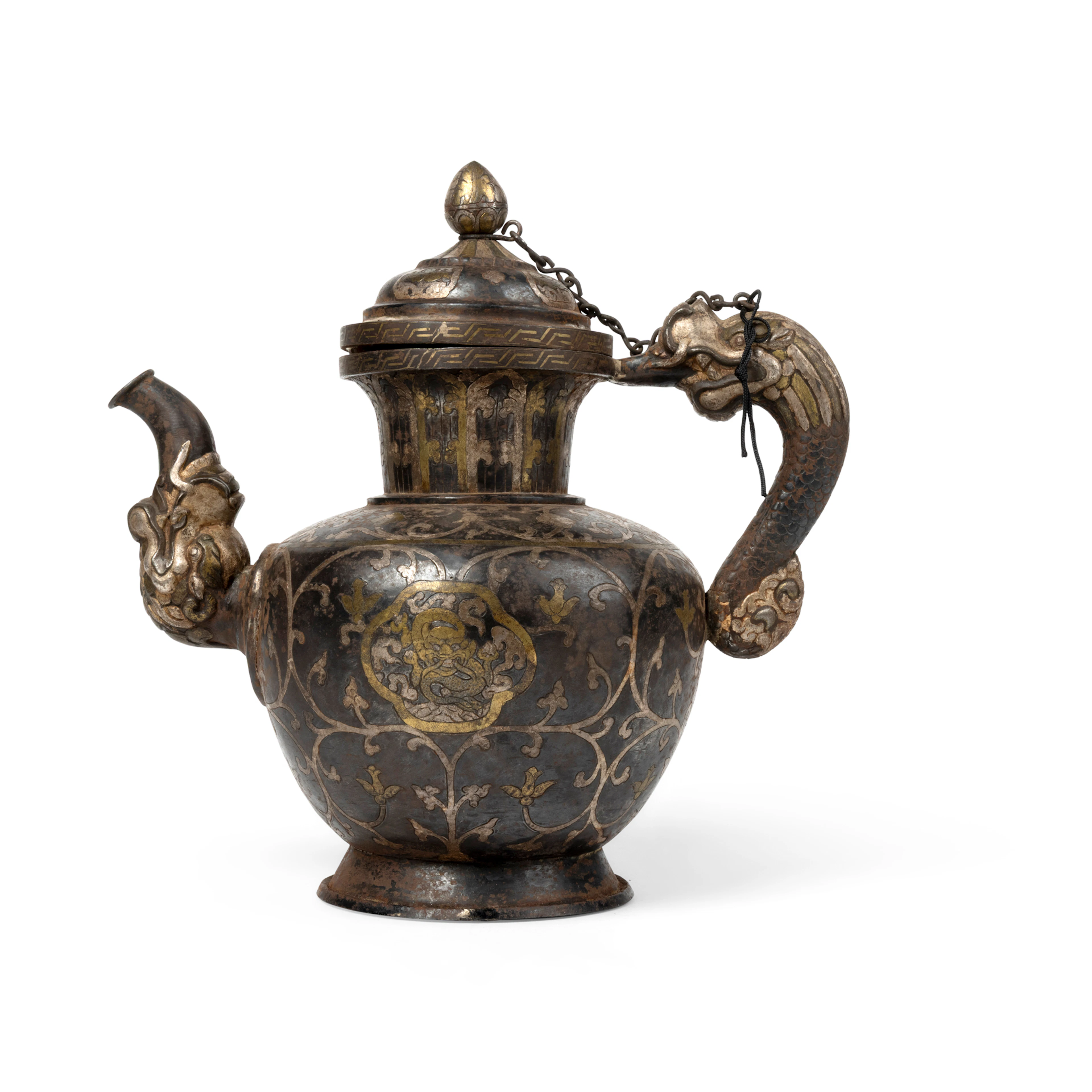 TIBETAN GILT AND SILVER DAMASCENED IRON EWER WITH COVER