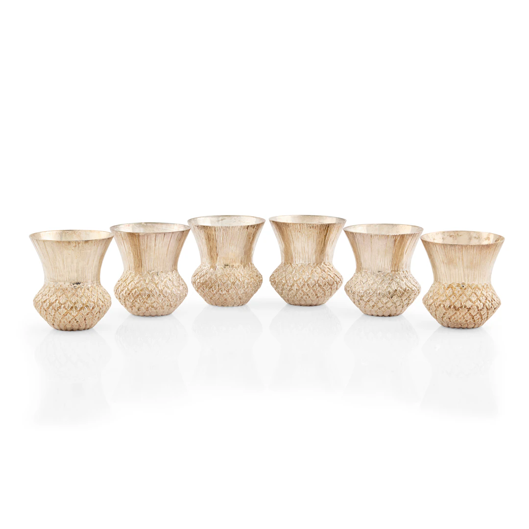 SET OF SIX CONTEMPORARY SILVER THISTLE TOT CUPS