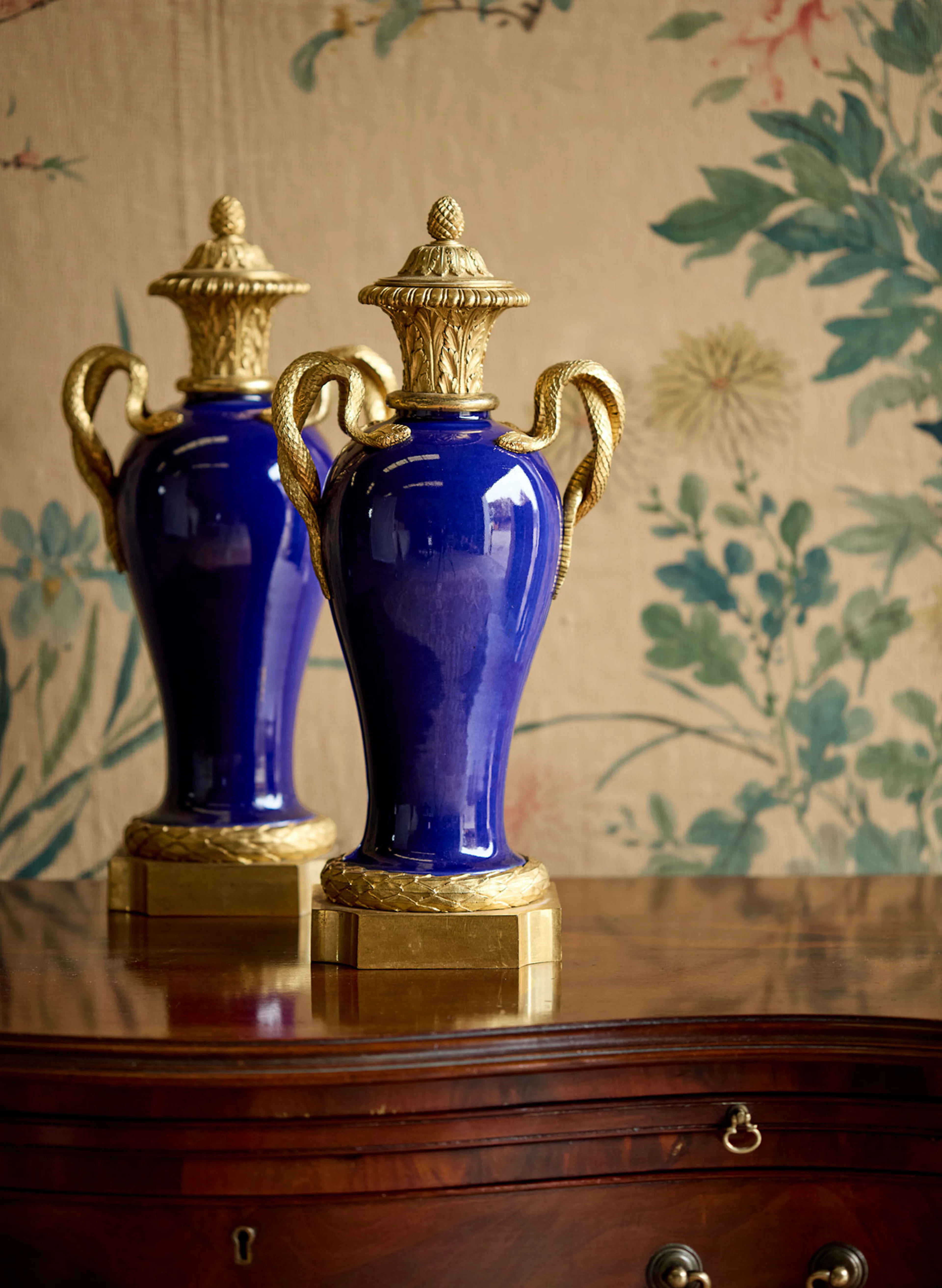 PAIR OF LOUIS XVI STYLE GILT BRONZE MOUNTED POWDER BLUE CHINESE PORCELAIN VASES