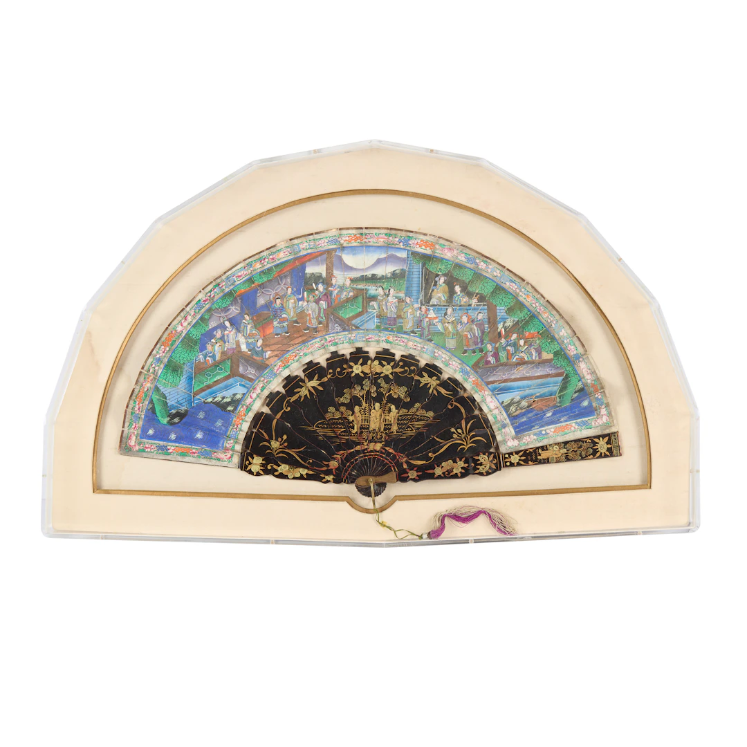 CANTON GILT-DECORATED LACQUER AND PAPER FAN