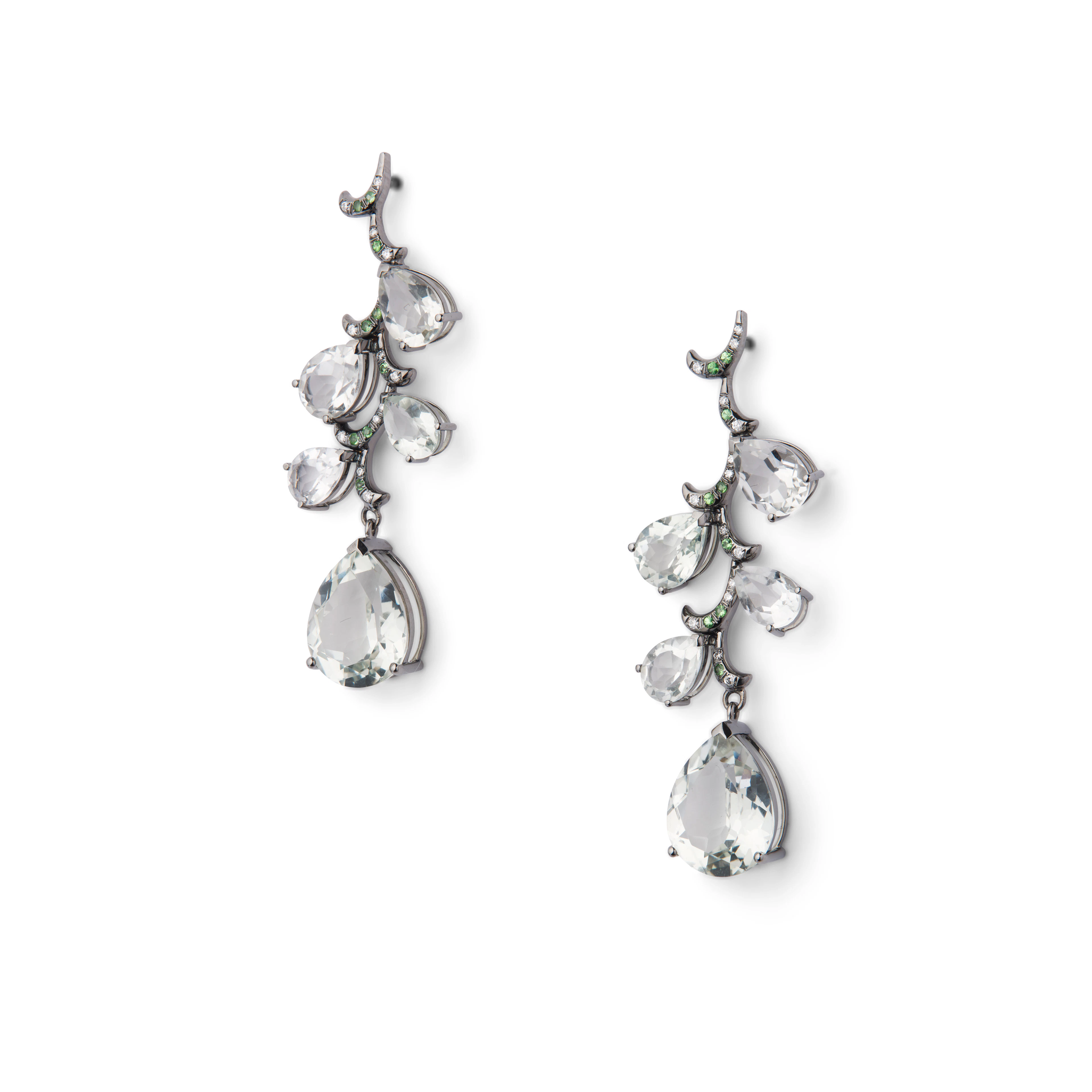 A pair of green amethyst, green garnet and diamond pendent earrings