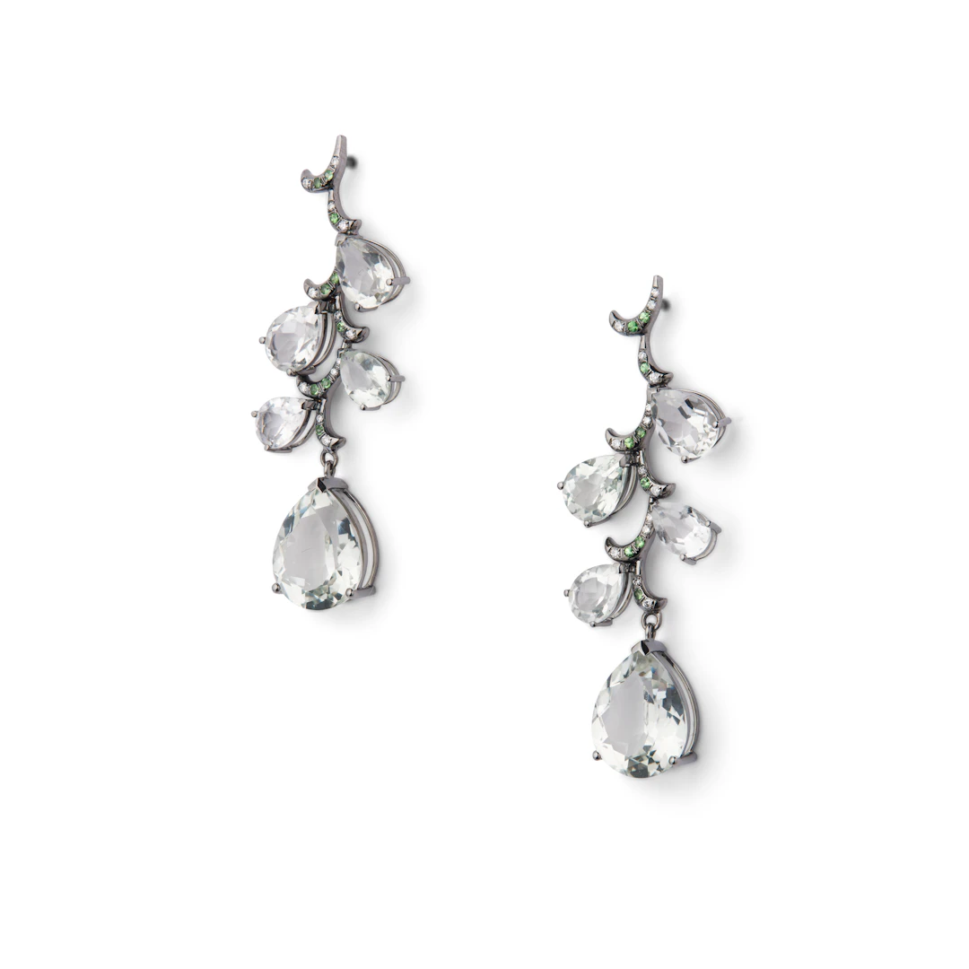 A pair of green amethyst, green garnet and diamond pendent earrings