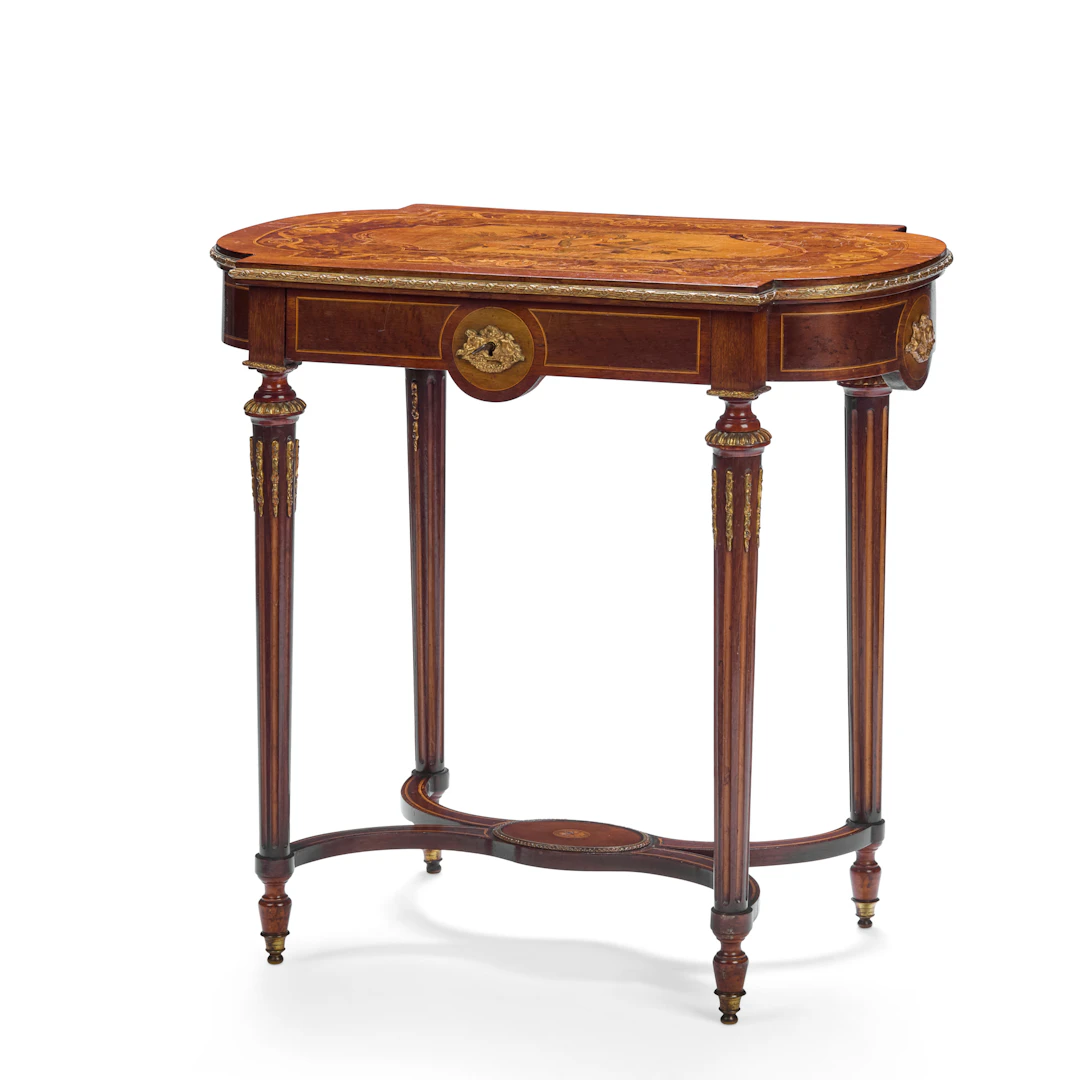 LOUIS XVI STYLE MAHOGANY, AMBOYNA, BIRD'S EYE MAPLE, MARQUETRY AND