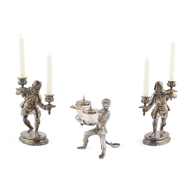 VICTORIAN SILVERED METAL FIGURAL TABLE WARES