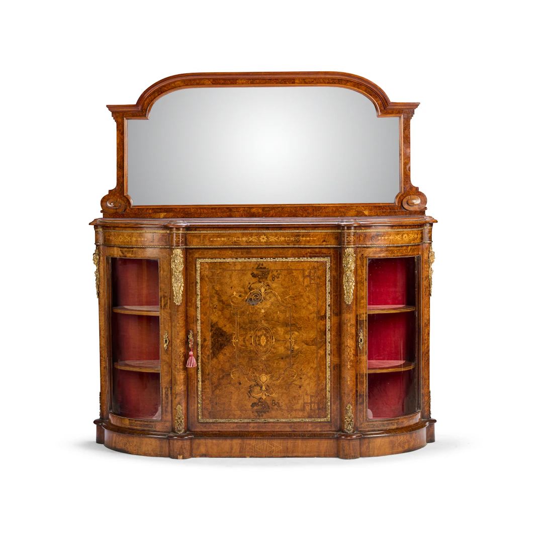 VICTORIAN WALNUT INLAID AND GILT METAL MOUNTED CREDENZA AND OVERMIRROR