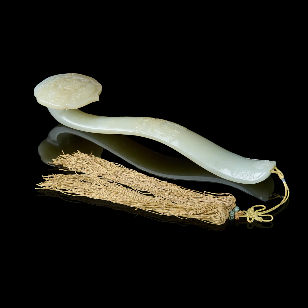 LARGE CHINESE CARVED WHITE JADE 'LONGEVITY' RUYI SCEPTRE
