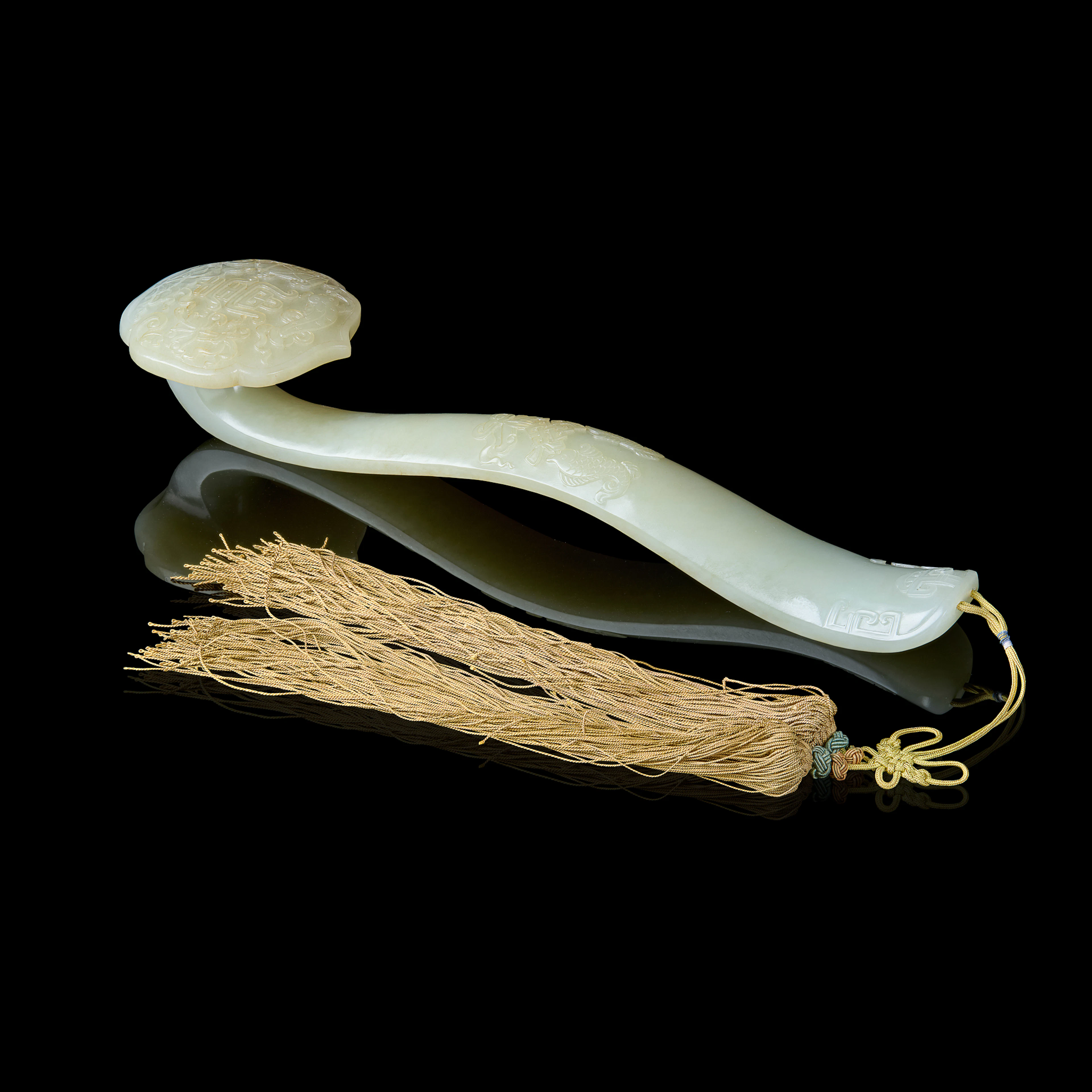 LARGE CHINESE CARVED WHITE JADE 'LONGEVITY' RUYI SCEPTRE