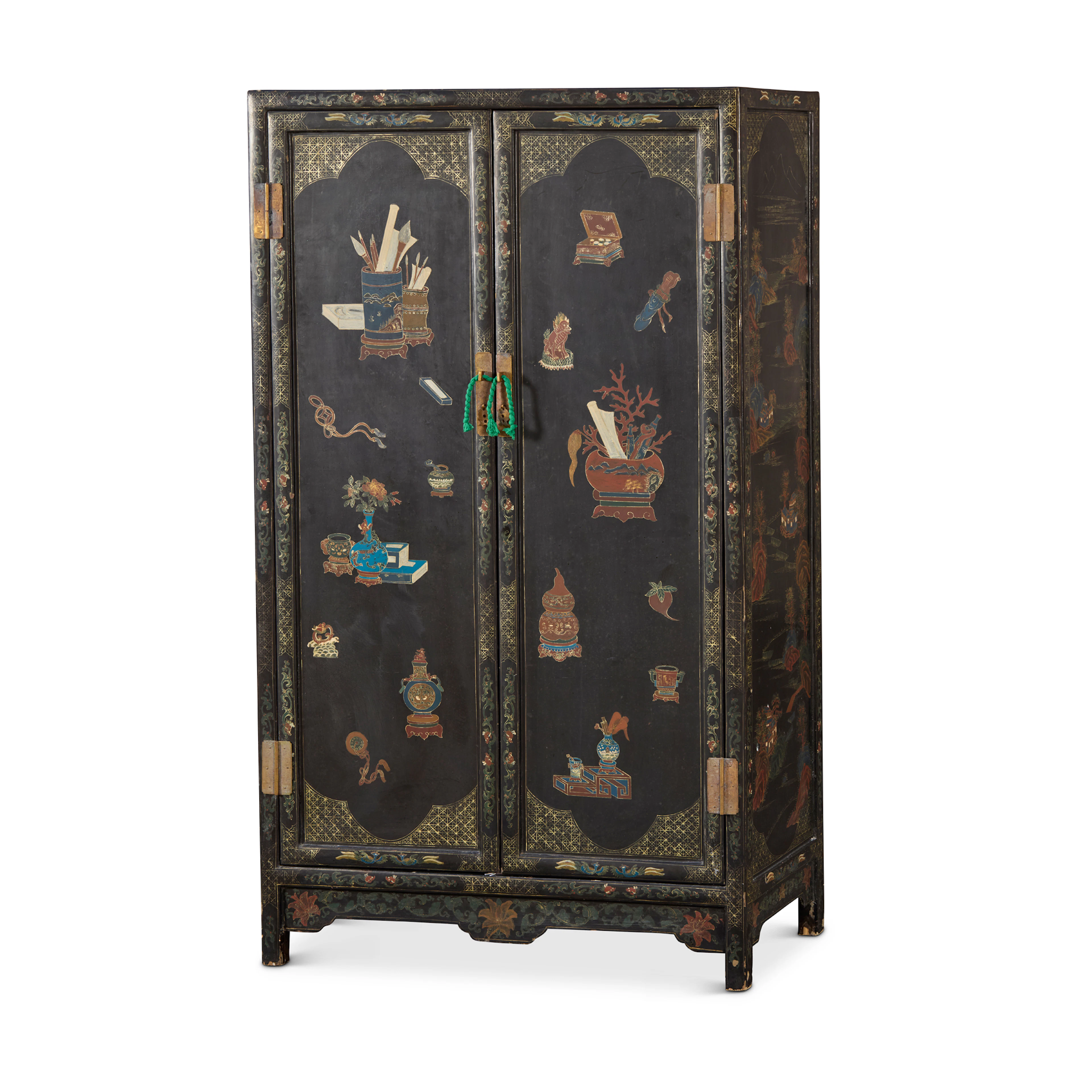 LARGE CHINESE GILT AND POLYCHROMED BLACK LACQUER 'BOGU' CABINET