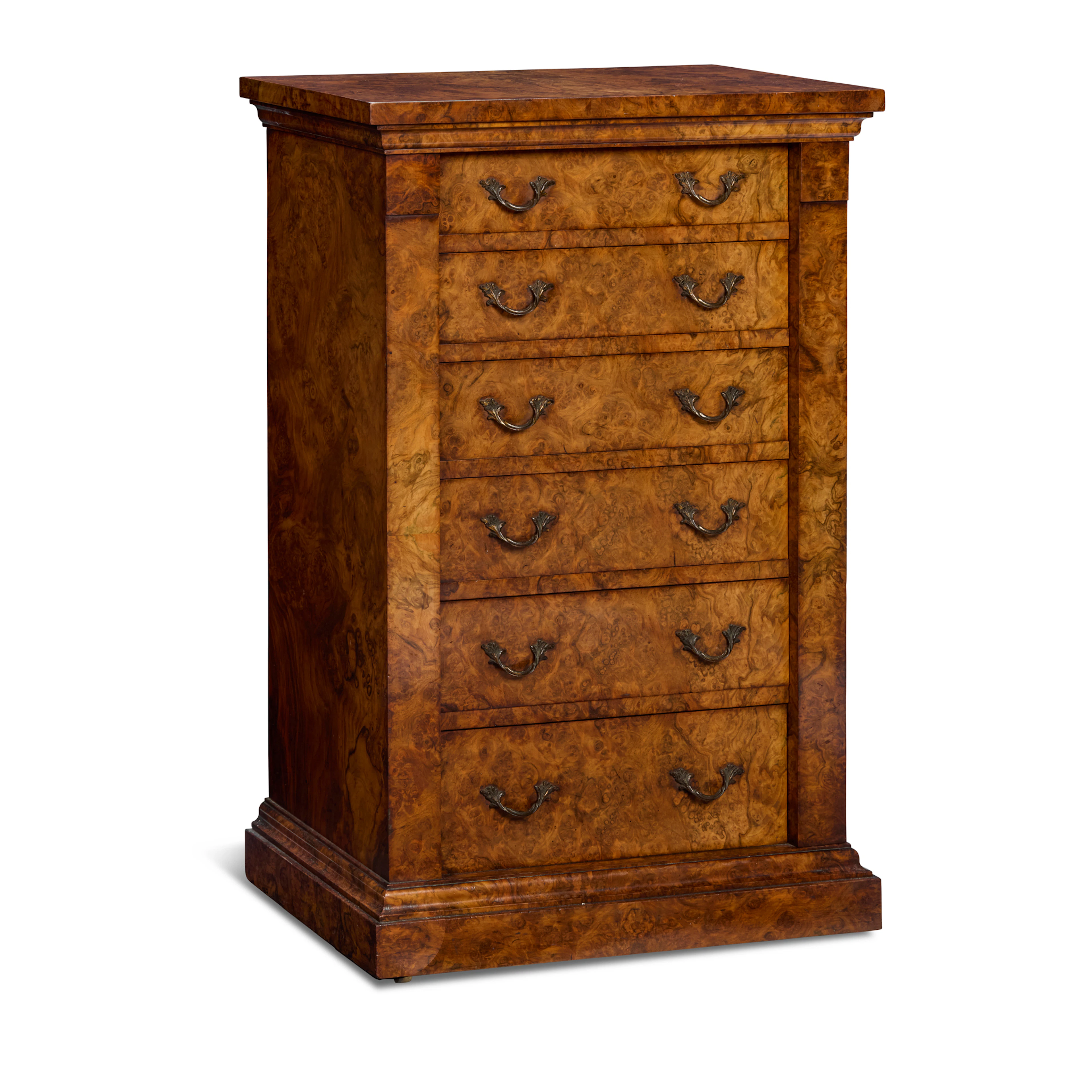 VICTORIAN BURR WALNUT WELLINGTON COLLECTOR'S CHEST OF DRAWERS
