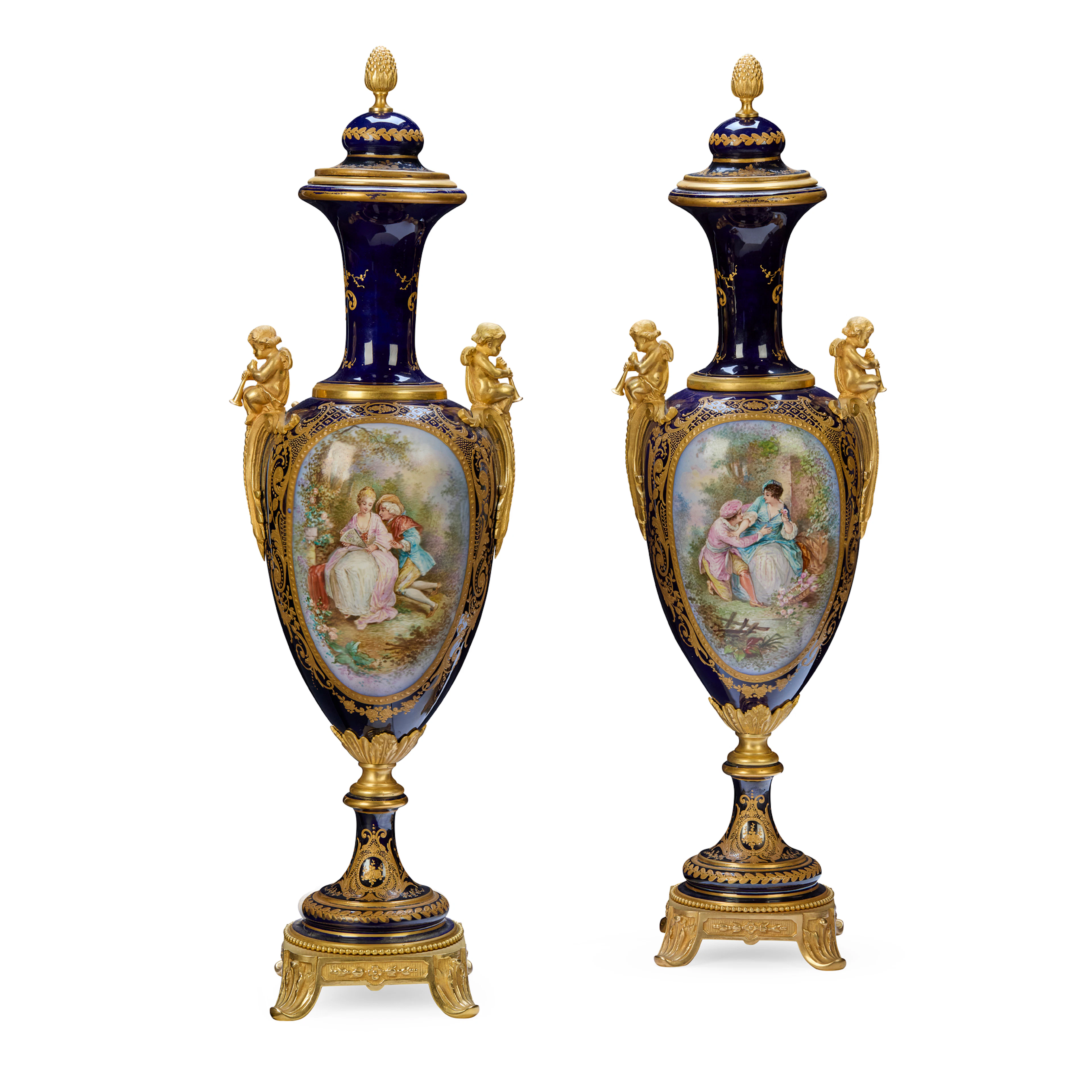 PAIR OF LARGE SÈVRES STYLE COBALT GROUND AND GILT BRONZE MOUNTED VASES