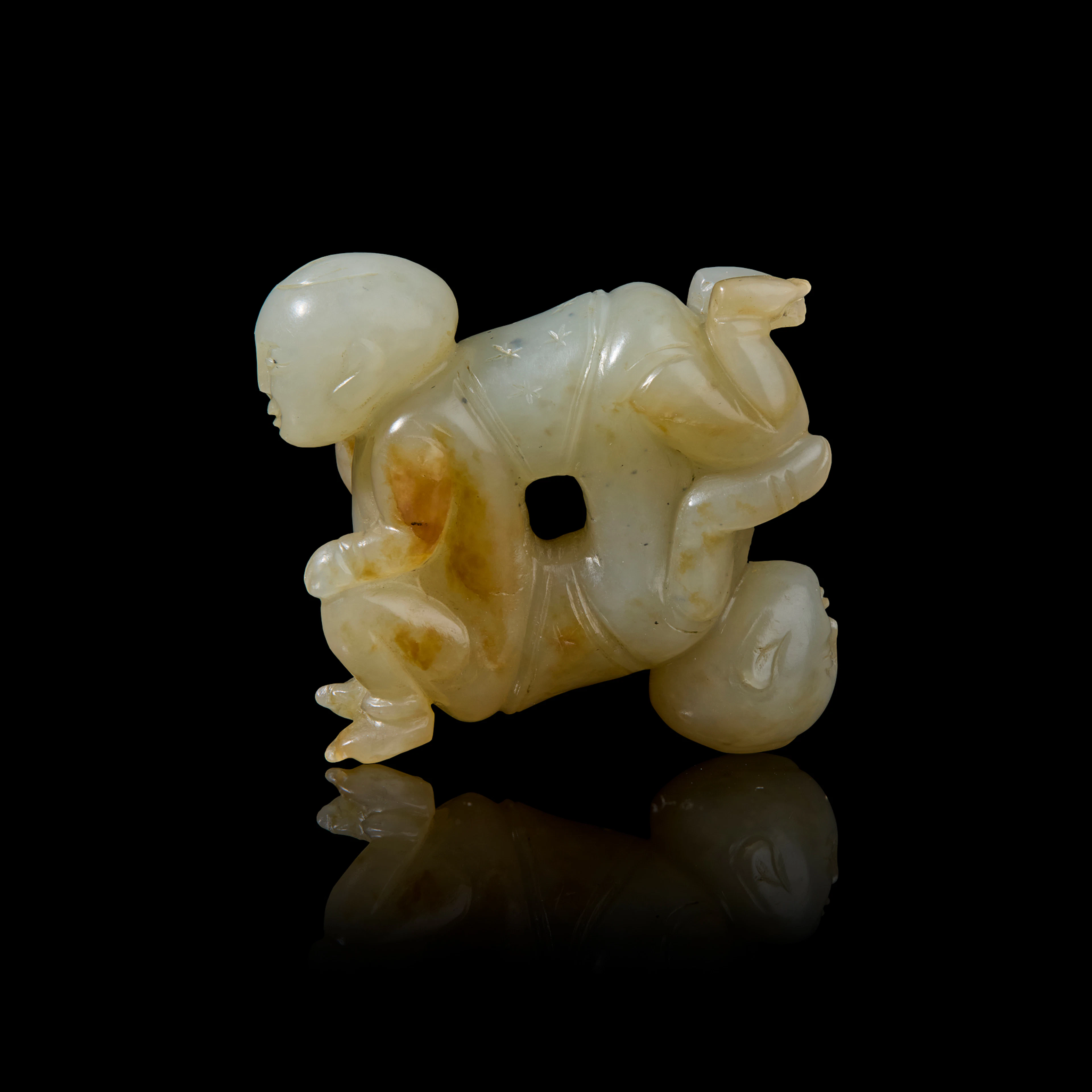 CHINESE WHITE JADE WITH RUSSET INCLUSIONS 'BOYS' PENDANT