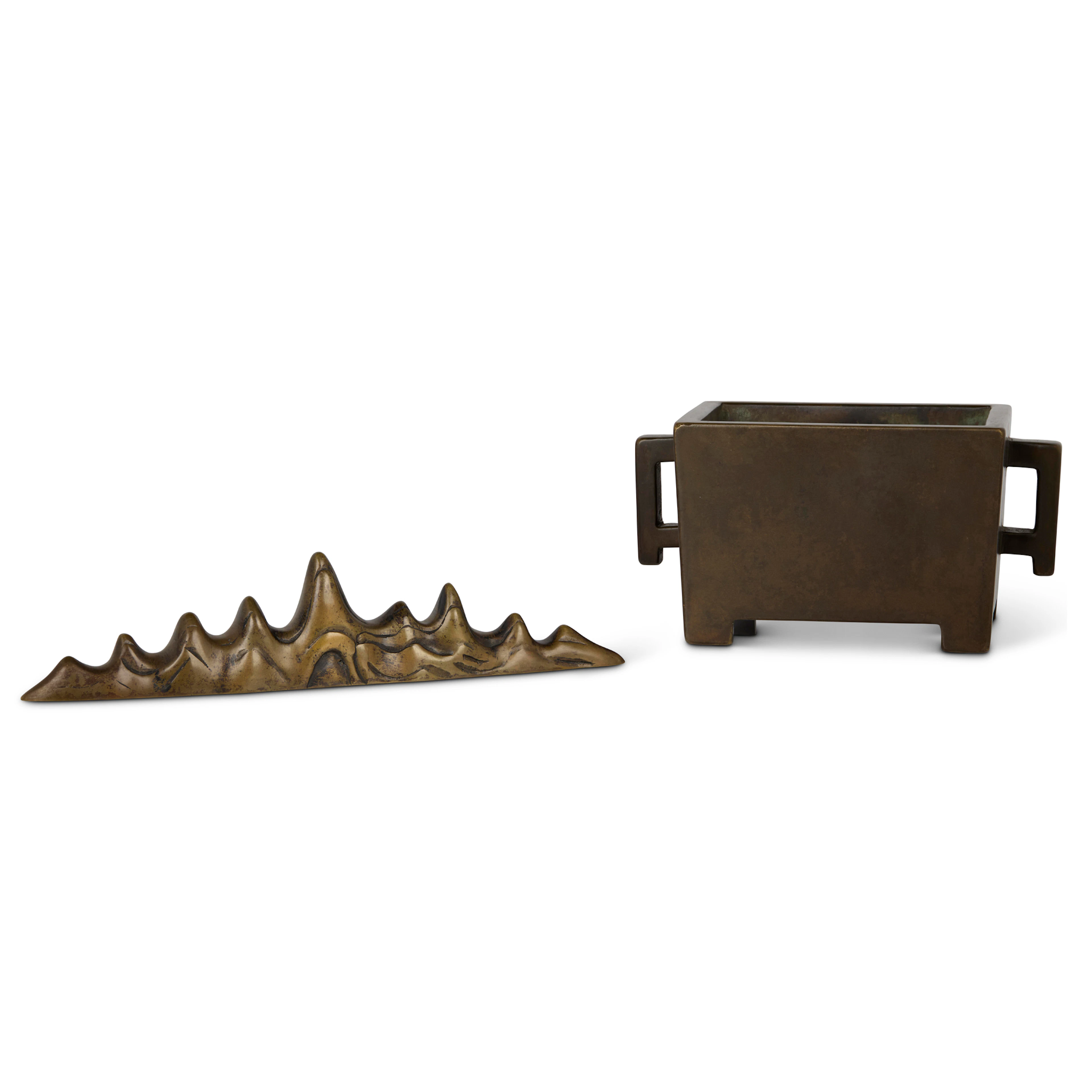 [PRIVATE ENGLISH COLLECTION] CHINESE BRONZE SQUARE CENSER AND MOUNTAIN-FORM