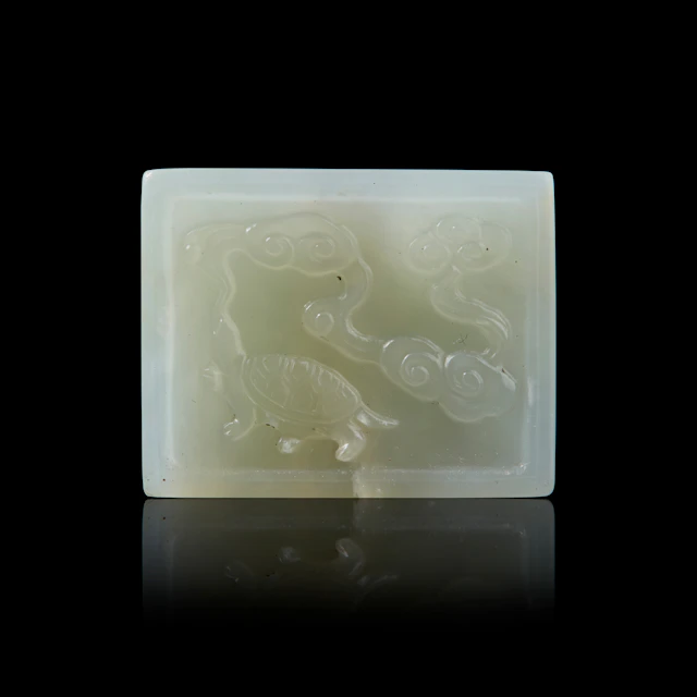 CHINESE WHITE JADE 'TORTOISE AND CRANE' RECTANGULAR PENDNAT