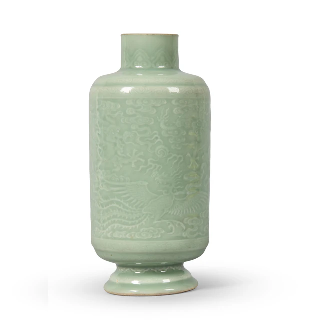 CHINESE CARVED CELADON-GLAZED 'DRAGON AND PHOENIX' VASE