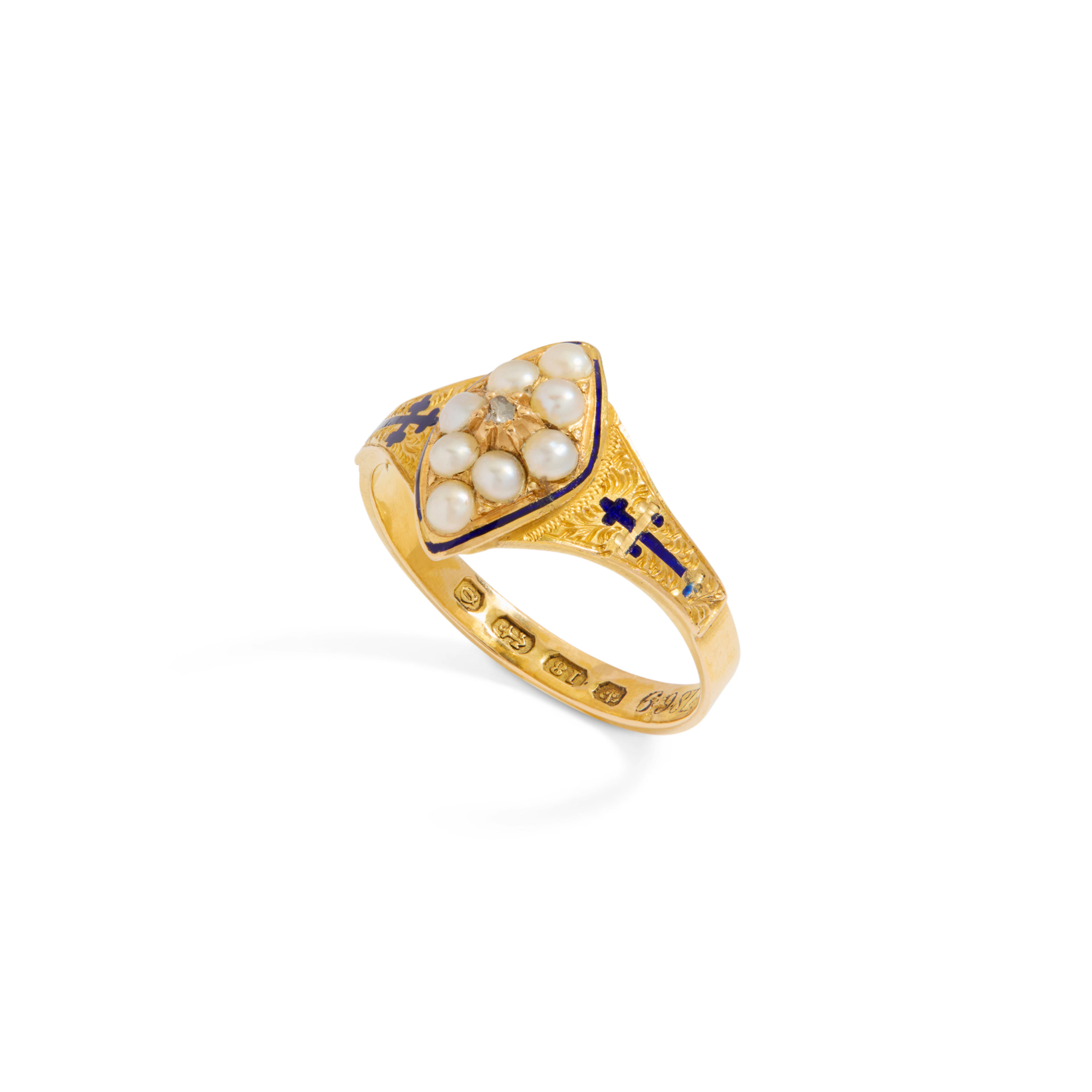 A 19th century 18ct gold seed pearl, diamond and enamel mourning ring