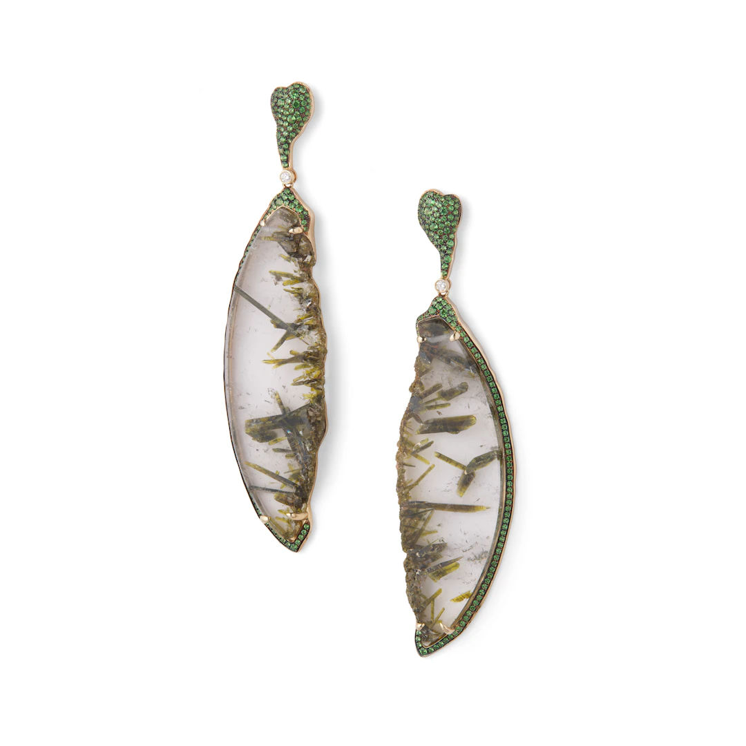 Fei Liu: A pair of rutilated quartz, green garnet and diamond pendent earrings