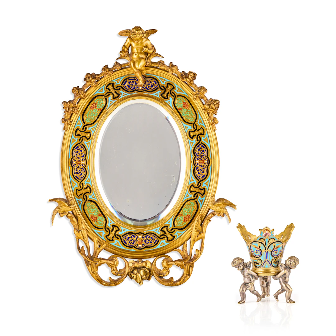 NAPOLEON III GILT BRONZE AND CHAMPLEVÉ ENAMEL MIRROR