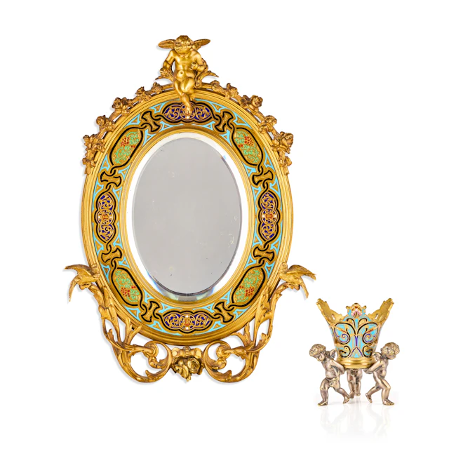 NAPOLEON III GILT BRONZE AND CHAMPLEVÉ ENAMEL MIRROR