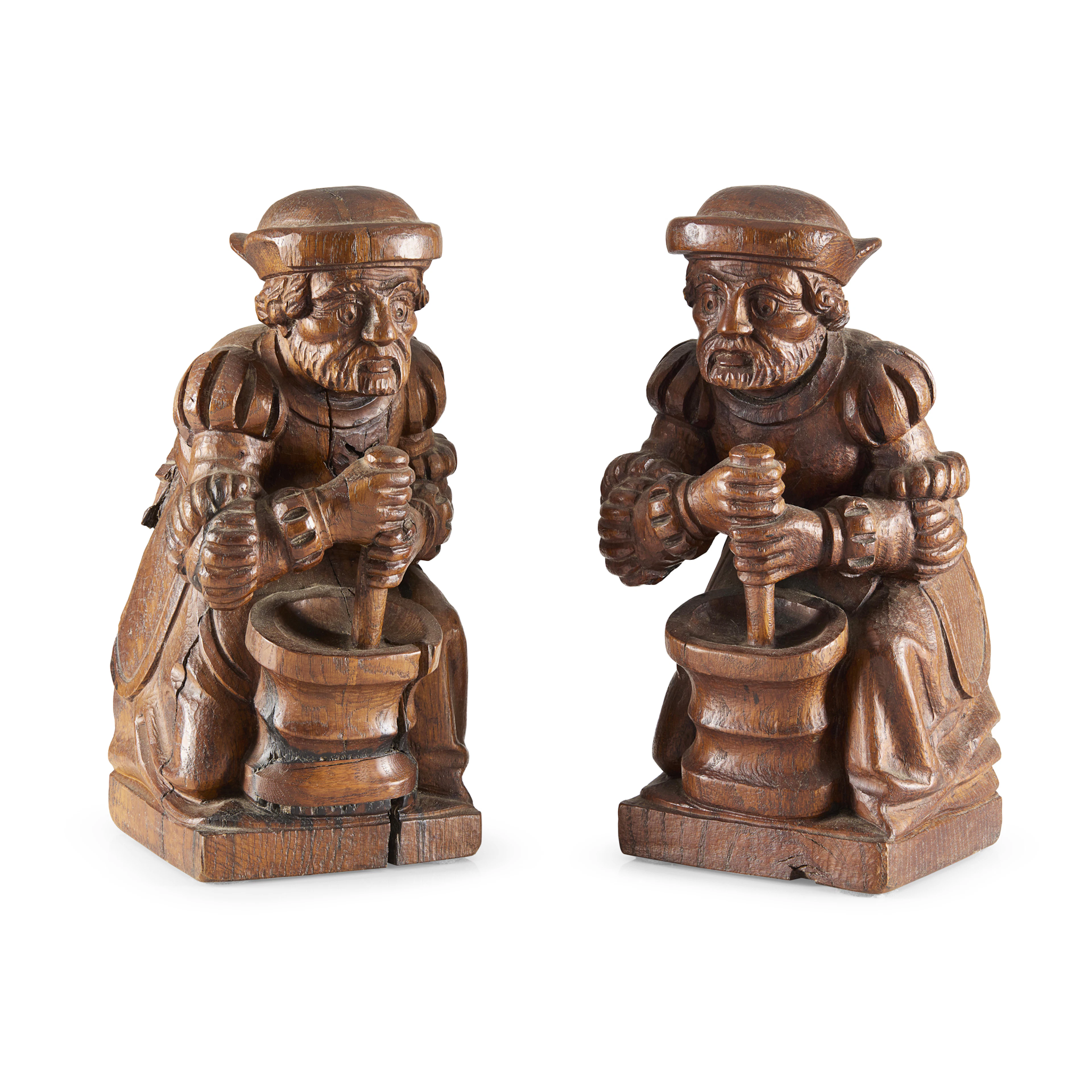 TWO FRENCH CARVED OAK FIGURES OF AN APOTHECARY