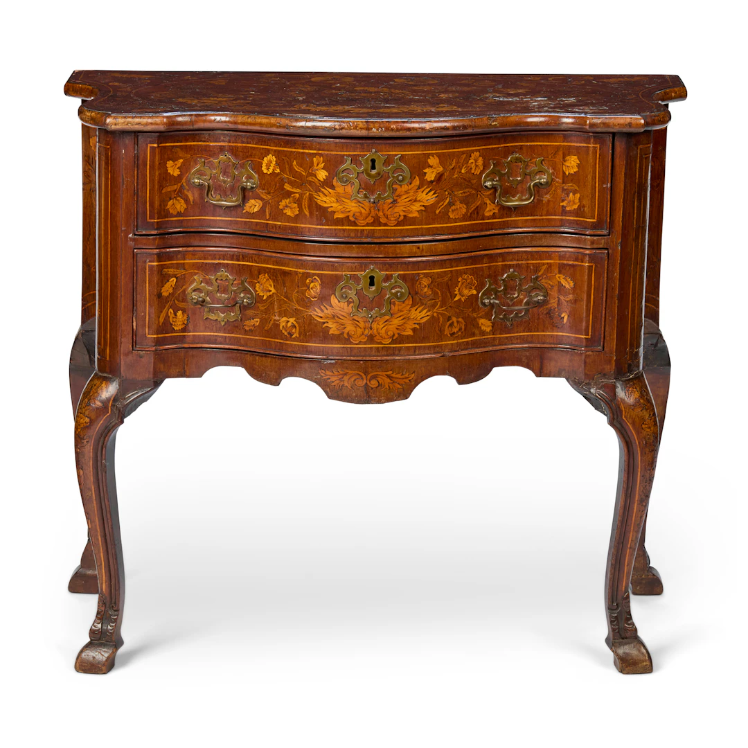 DUTCH WALNUT AND FRUITWOOD MARQUETRY LOW BOY