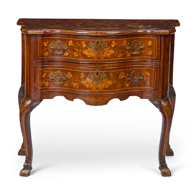 DUTCH WALNUT AND FRUITWOOD MARQUETRY LOW BOY