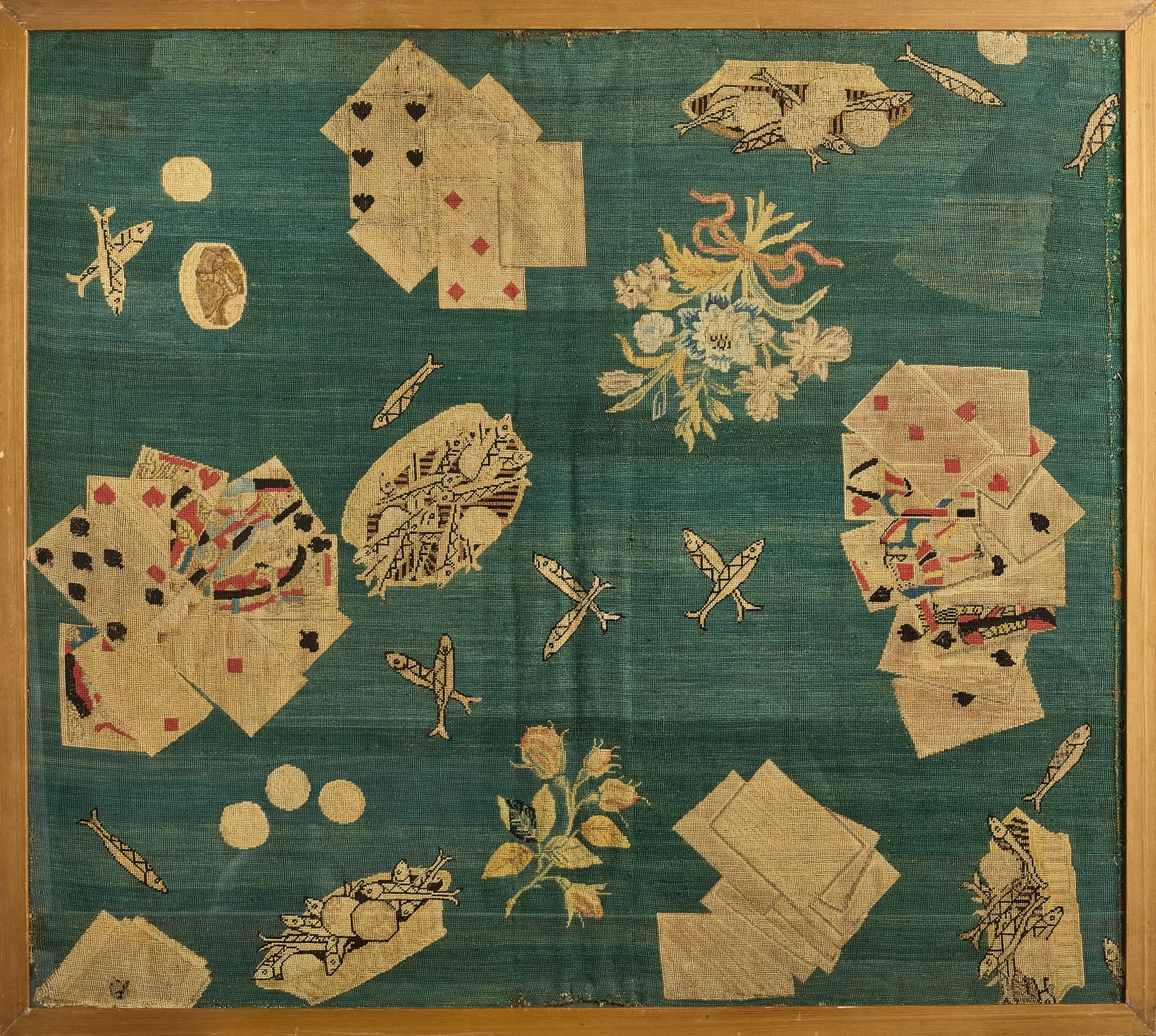 LATE GEORGE III / REGENCY FRAMED TROMPE L'OEIL NEEDLEWORK CARD TABLE COVER