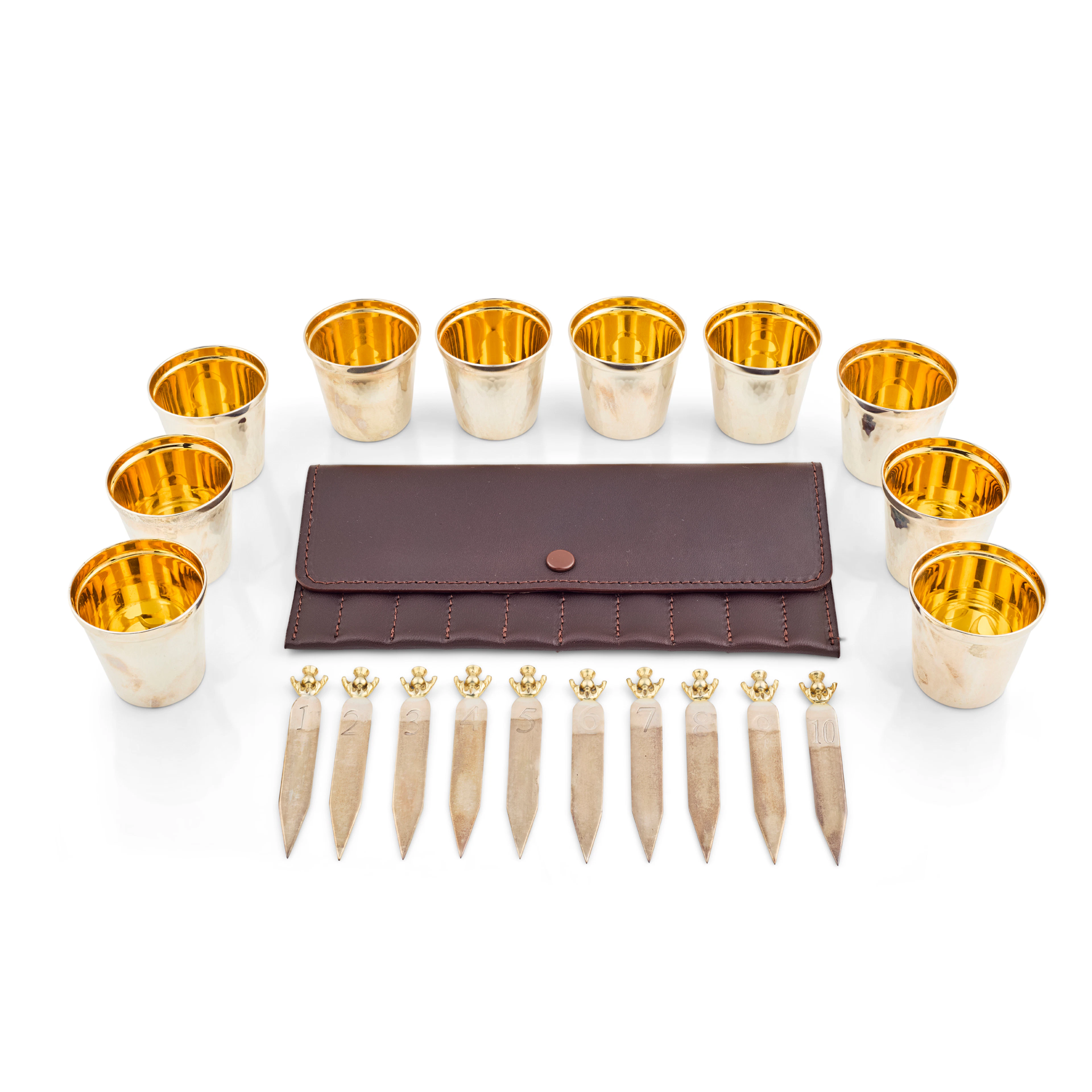 SET OF TEN CONTEMPORARY SILVER TOT CUPS AND CASED PEG MARKERS