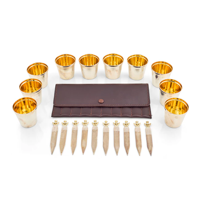 SET OF TEN CONTEMPORARY SILVER TOT CUPS AND CASED PEG MARKERS