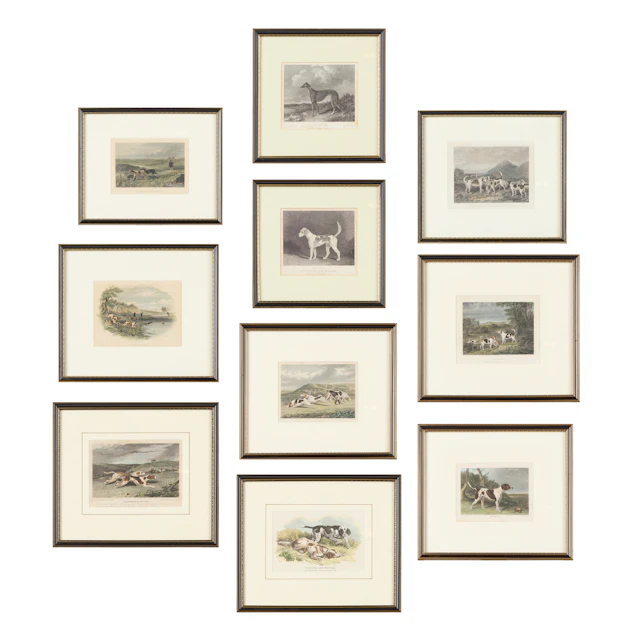 GROUP OF TEN FRAMED PRINTS OF SPORTING DOGS
