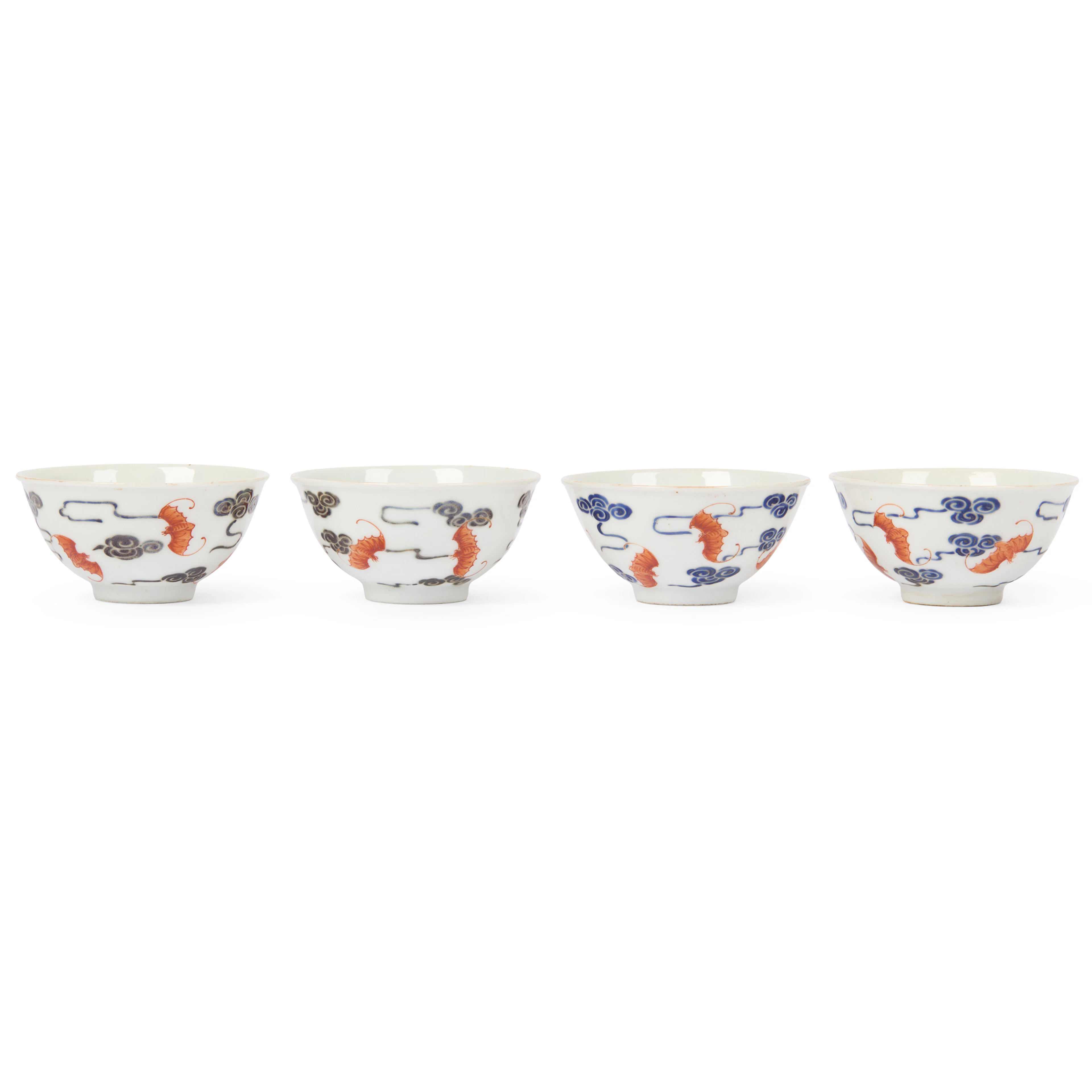 [DRINKING CULTURE] SET OF FOUR CHINESE BLUE-ENAMELLED IRON-RED-DECORATED