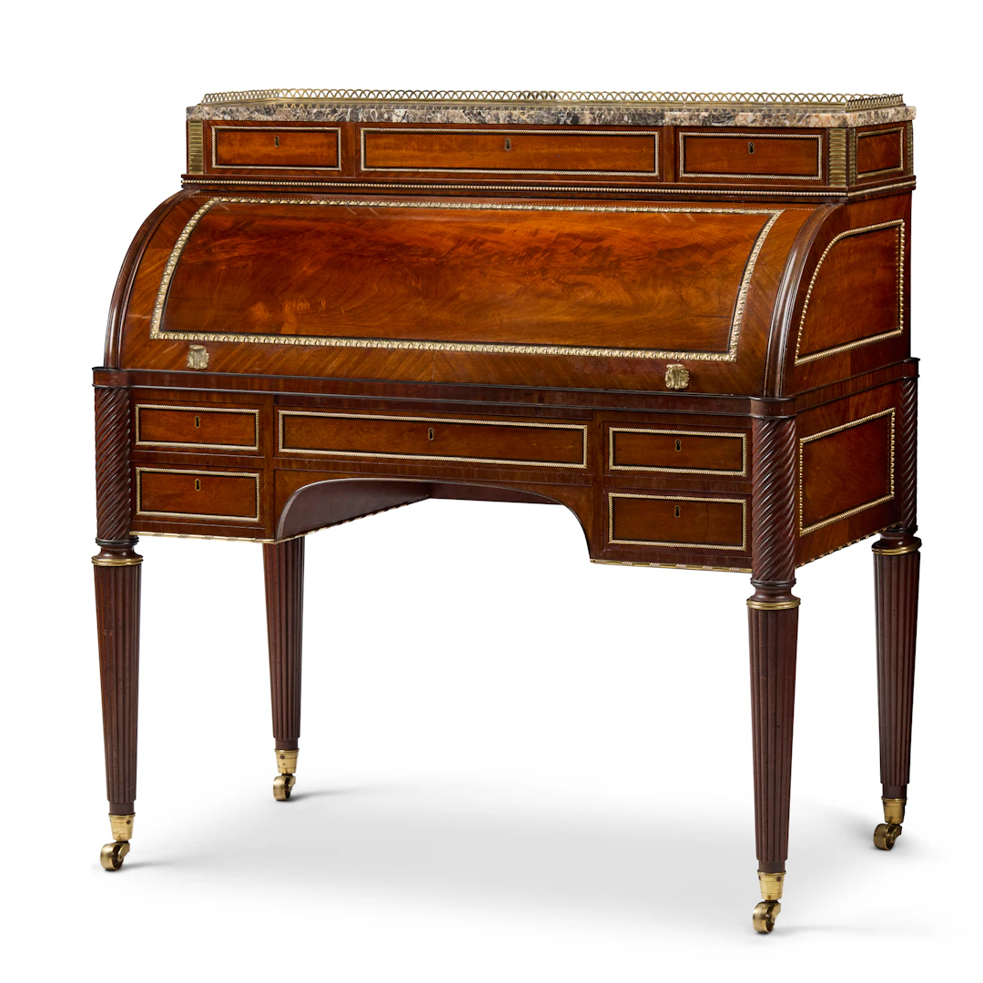 REGENCY MAHOGANY, EBONY, BRASS AND PORTORO MARBLE MOUNTED CYLINDER