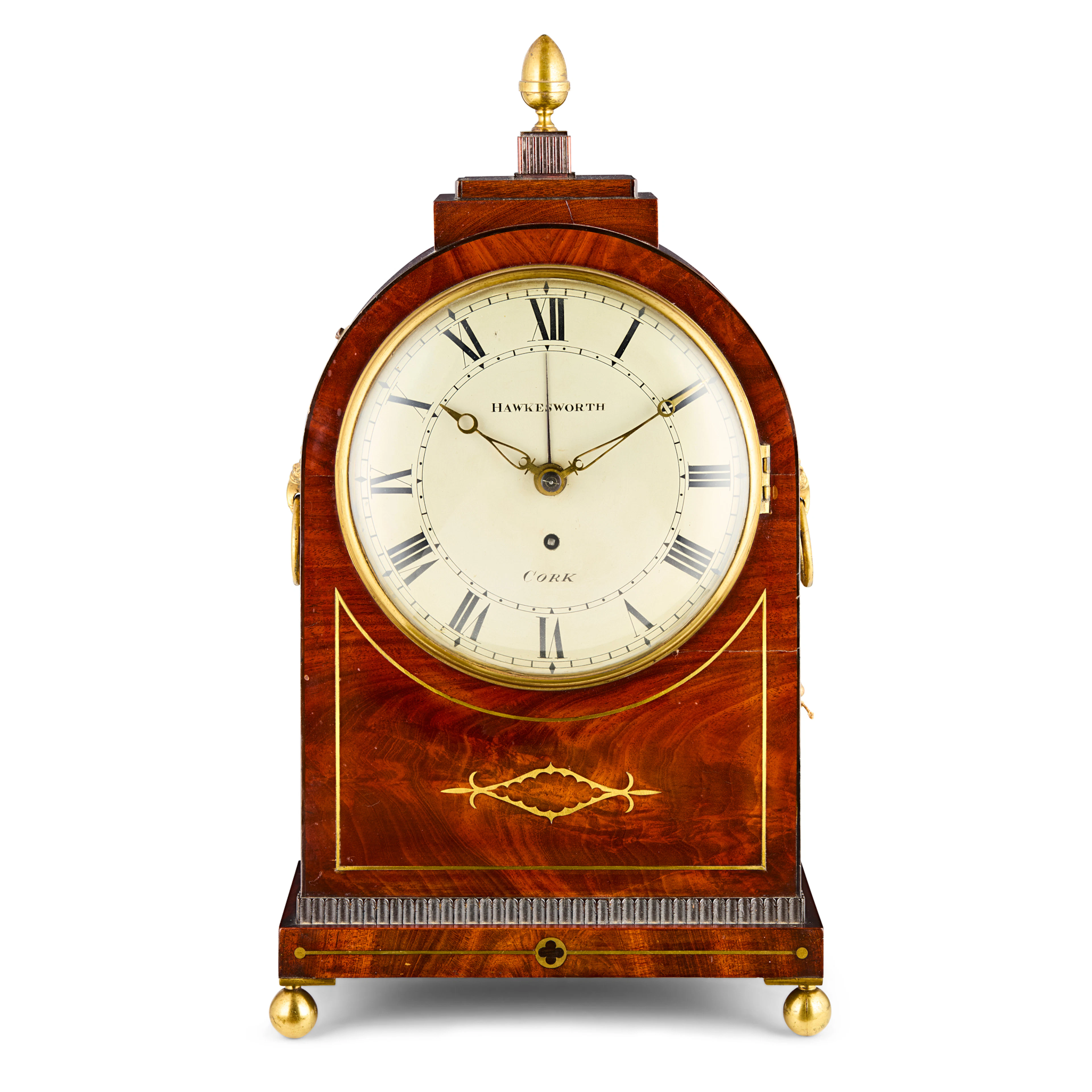 IRISH LATE REGENCY BRASS INLAID MAHOGANY BRACKET CLOCK WITH ALARM