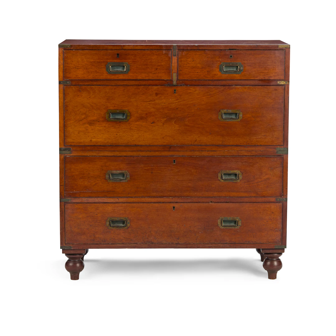 VICTORIAN TEAK AND BRASS CAMPAIGN CHEST OF DRAWERS, BY ARMY & NAVY CSL