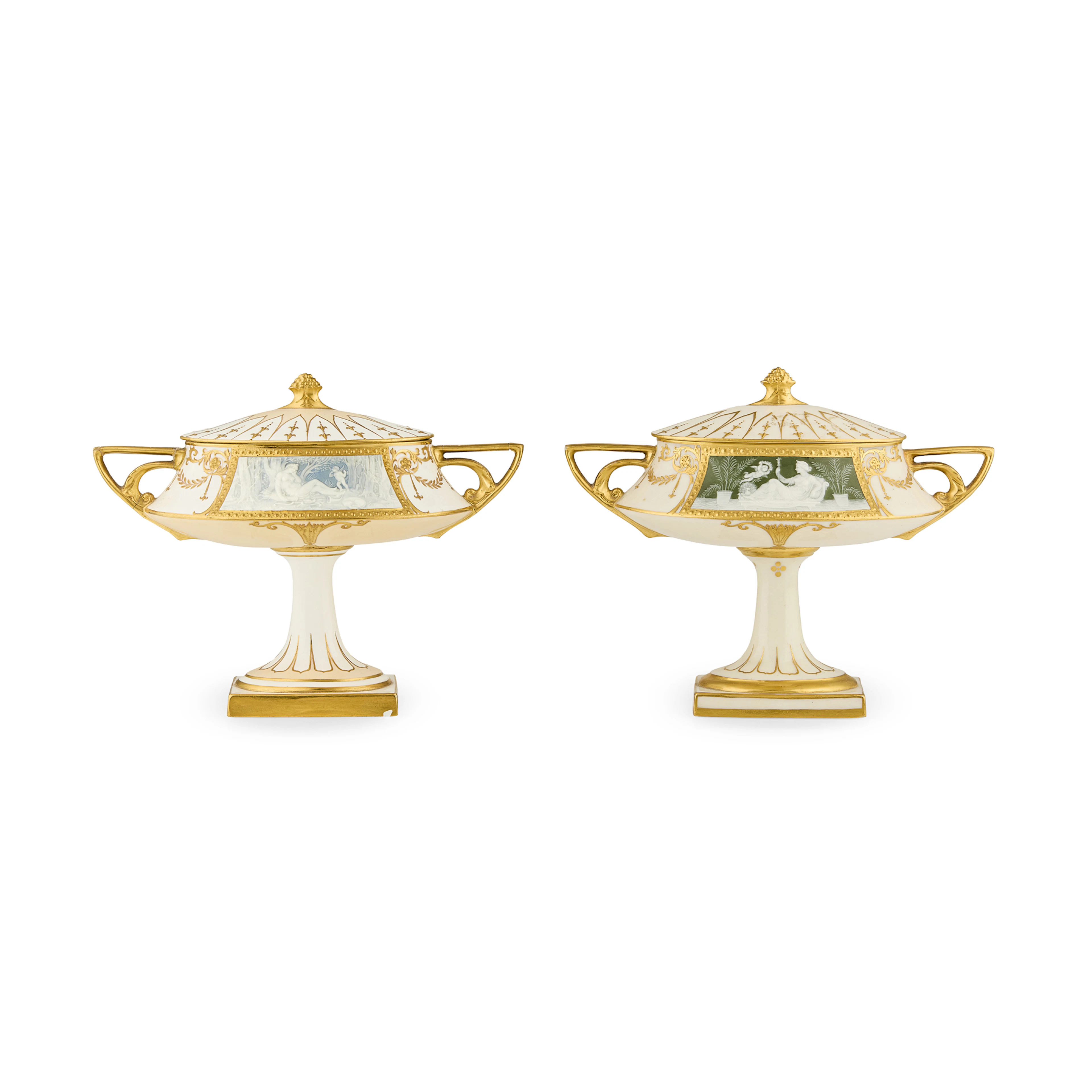 TWO MINTON PÂTE-SUR-PÂTE VASES WITH COVERS BY ALBION BIRKS