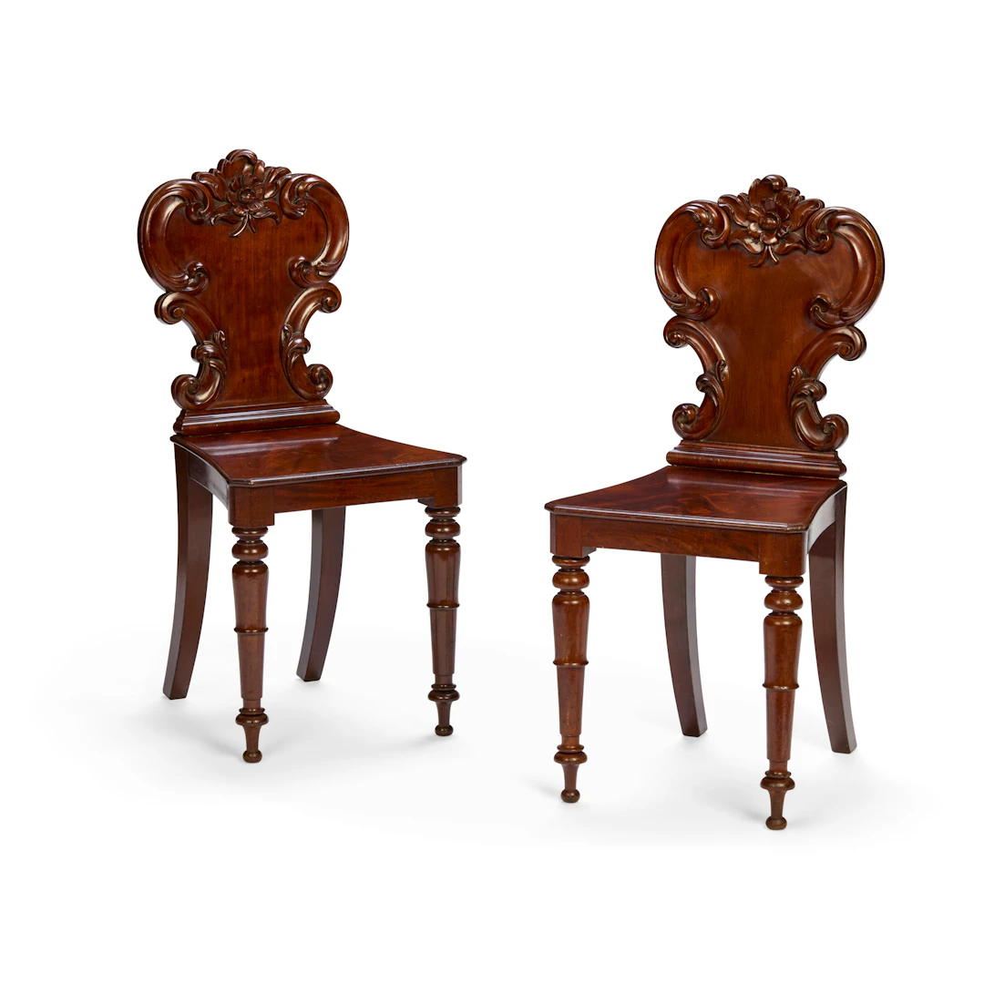 PAIR OF LATE REGENCY MAHOGANY HALL CHAIRS