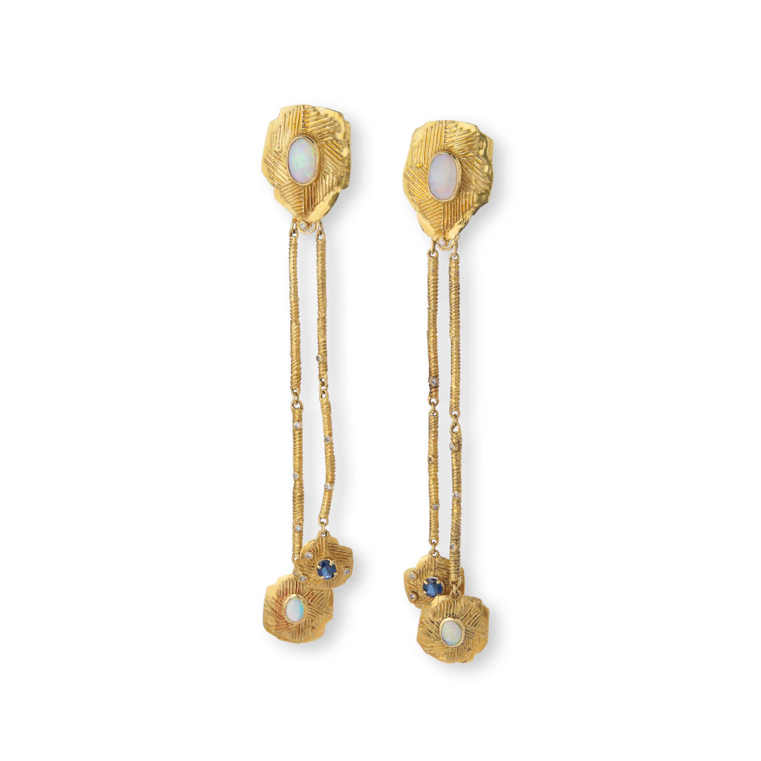 Jacqueline Stieger: A pair of opal, sapphire and diamond pendent earrings, 1982